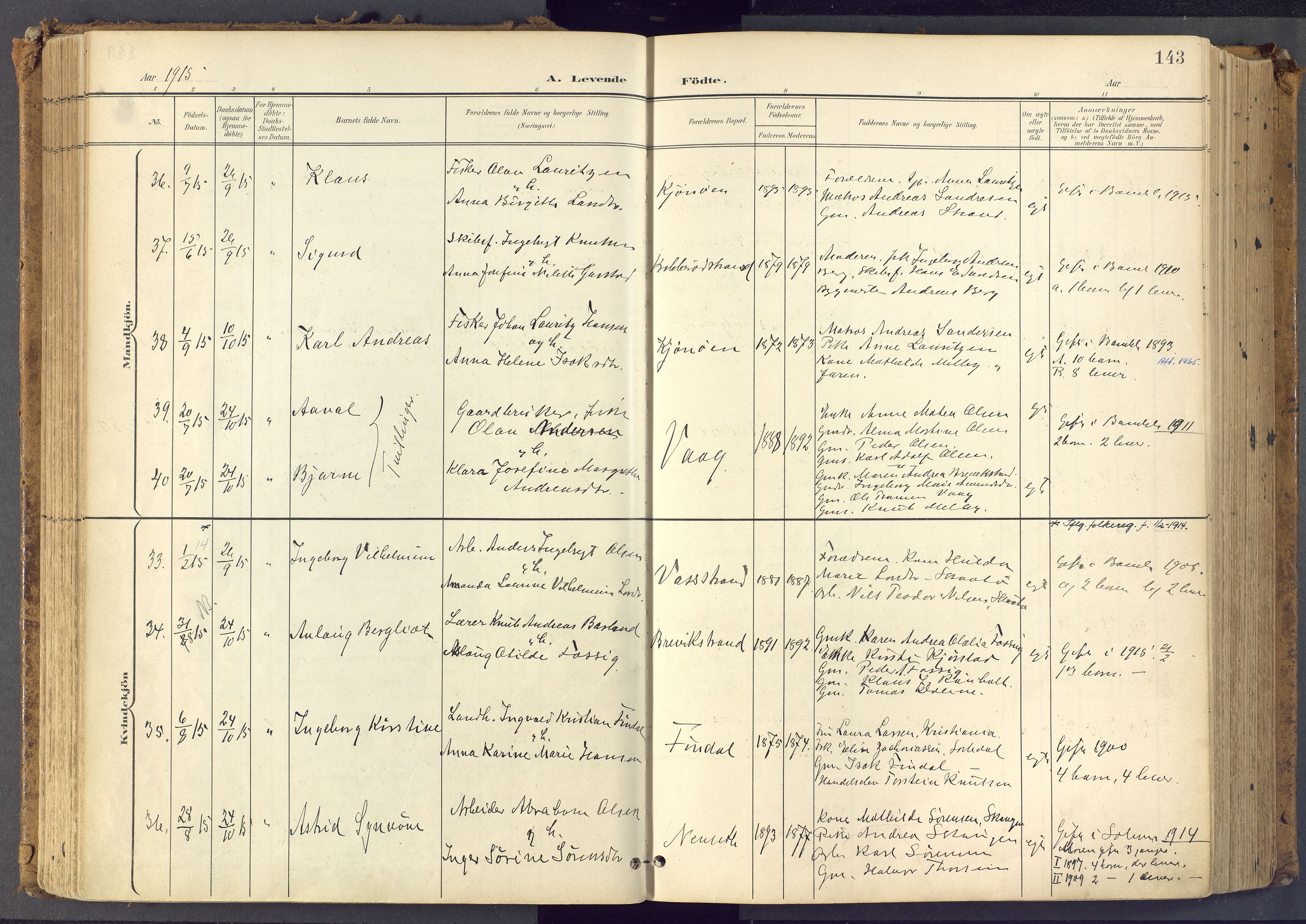 Bamble kirkebøker, SAKO/A-253/F/Fa/L0009: Ministerialbok nr. I 9, 1901-1917, s. 143