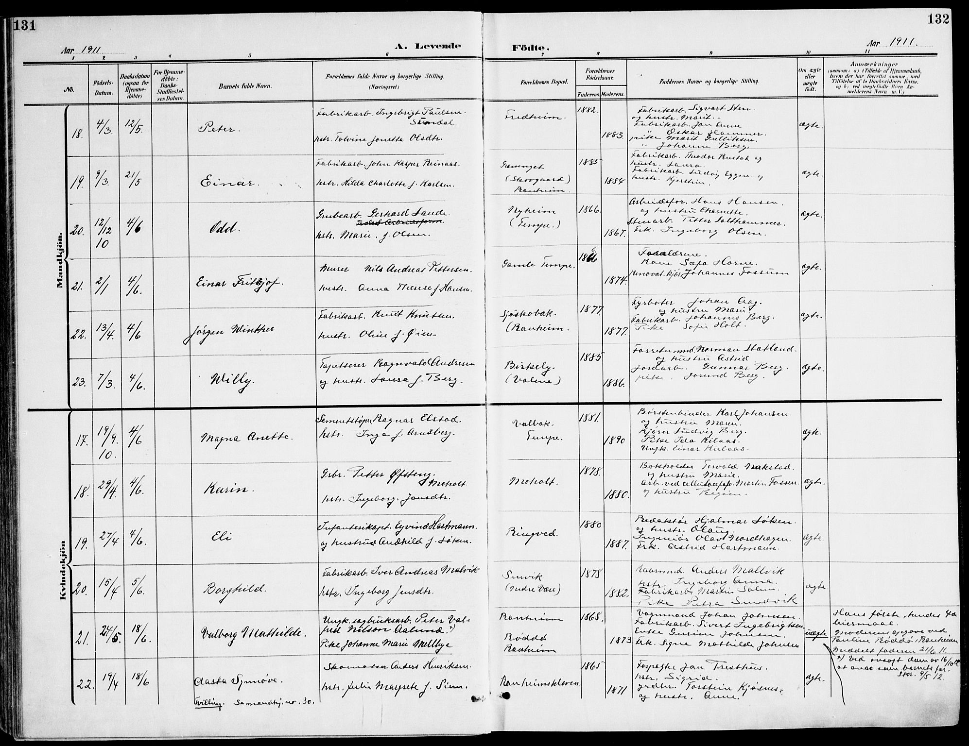Ministerialprotokoller, klokkerbøker og fødselsregistre - Sør-Trøndelag, SAT/A-1456/607/L0320: Ministerialbok nr. 607A04, 1907-1915, s. 131-132