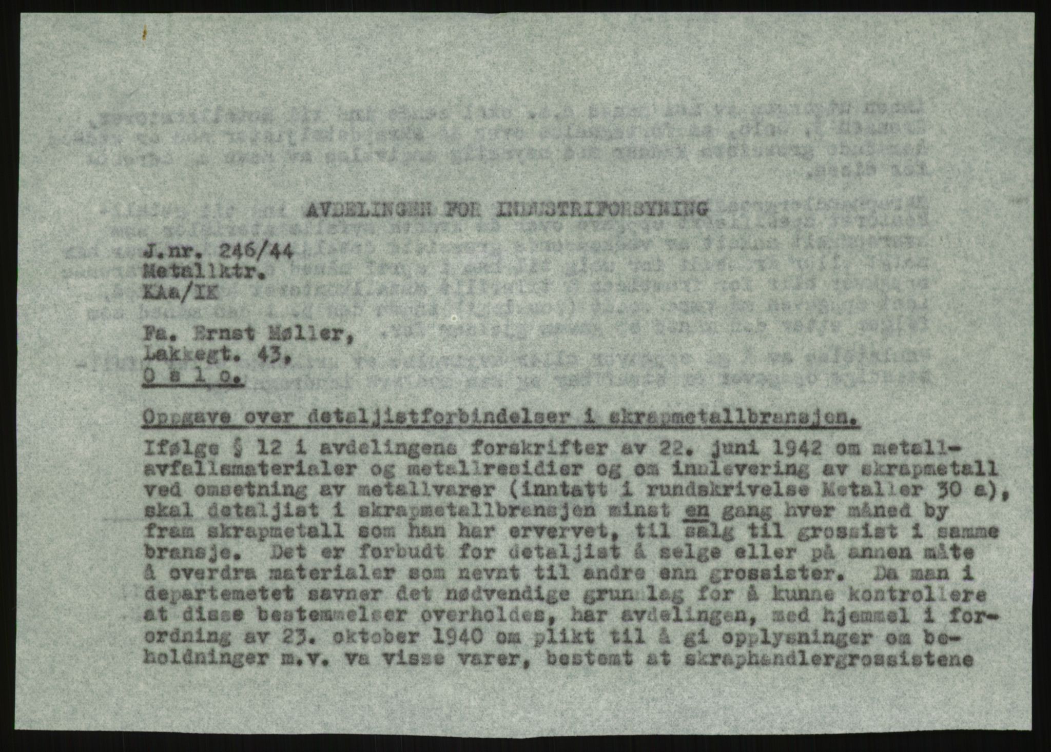 Direktoratet for industriforsyning, Sekretariatet, AV/RA-S-4153/D/Df/L0054: 9. Metallkontoret, 1940-1945, s. 1827