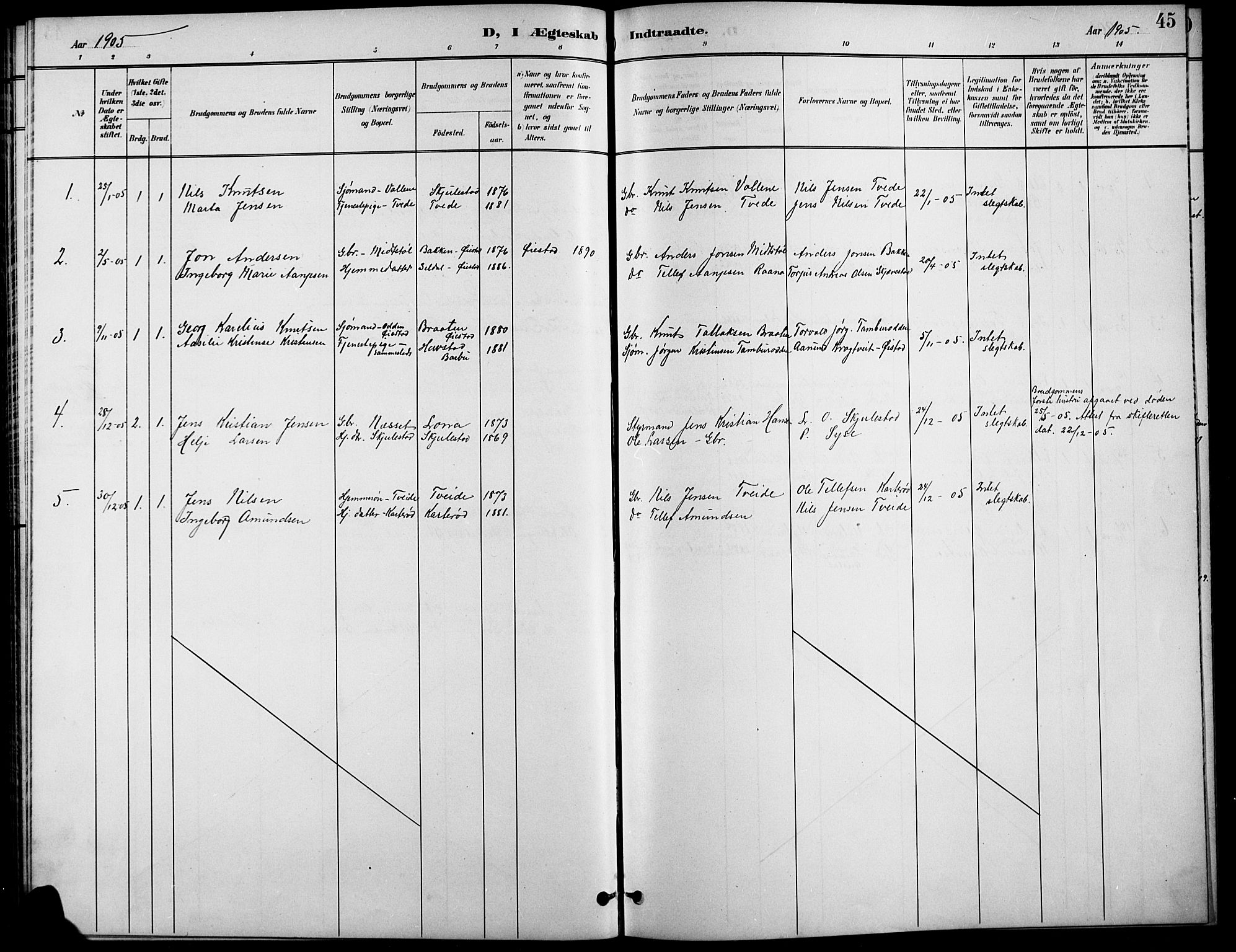 Austre Moland sokneprestkontor, AV/SAK-1111-0001/F/Fb/Fba/L0004: Klokkerbok nr. B 4a, 1897-1913, s. 45