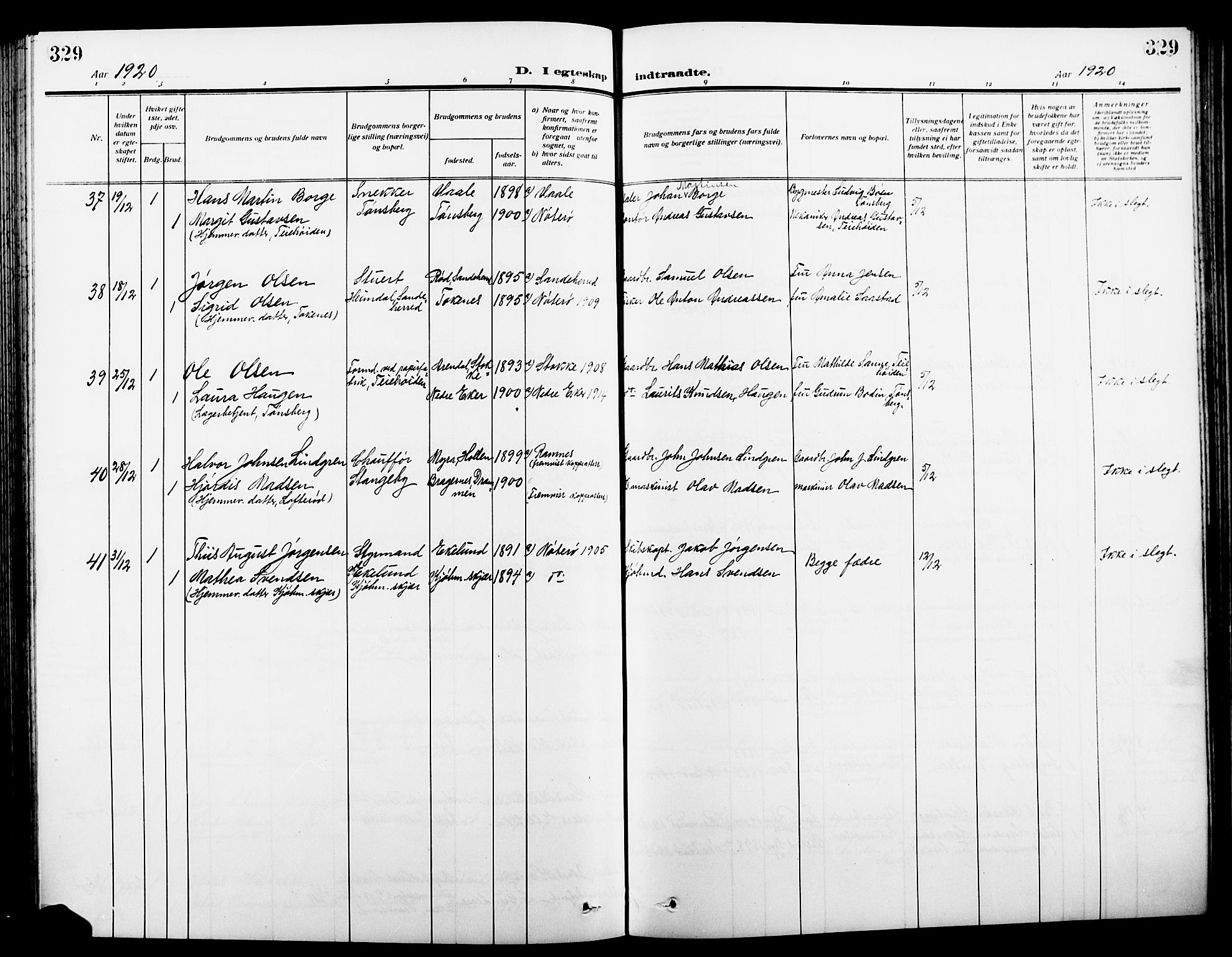 Nøtterøy kirkebøker, AV/SAKO-A-354/G/Ga/L0005: Klokkerbok nr. I 5, 1910-1924, s. 329