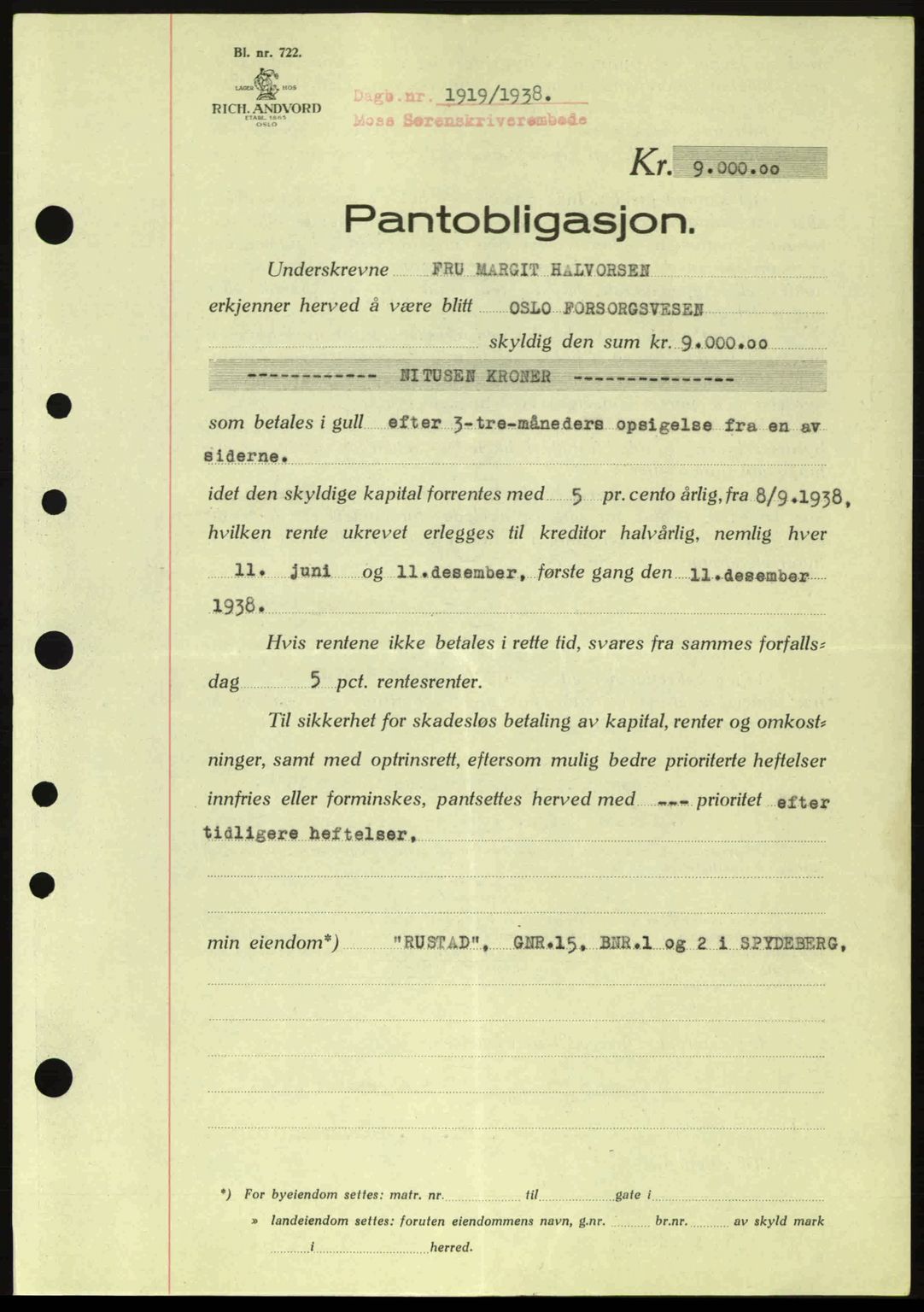 Moss sorenskriveri, SAO/A-10168: Pantebok nr. B6, 1938-1938, Dagboknr: 1919/1938