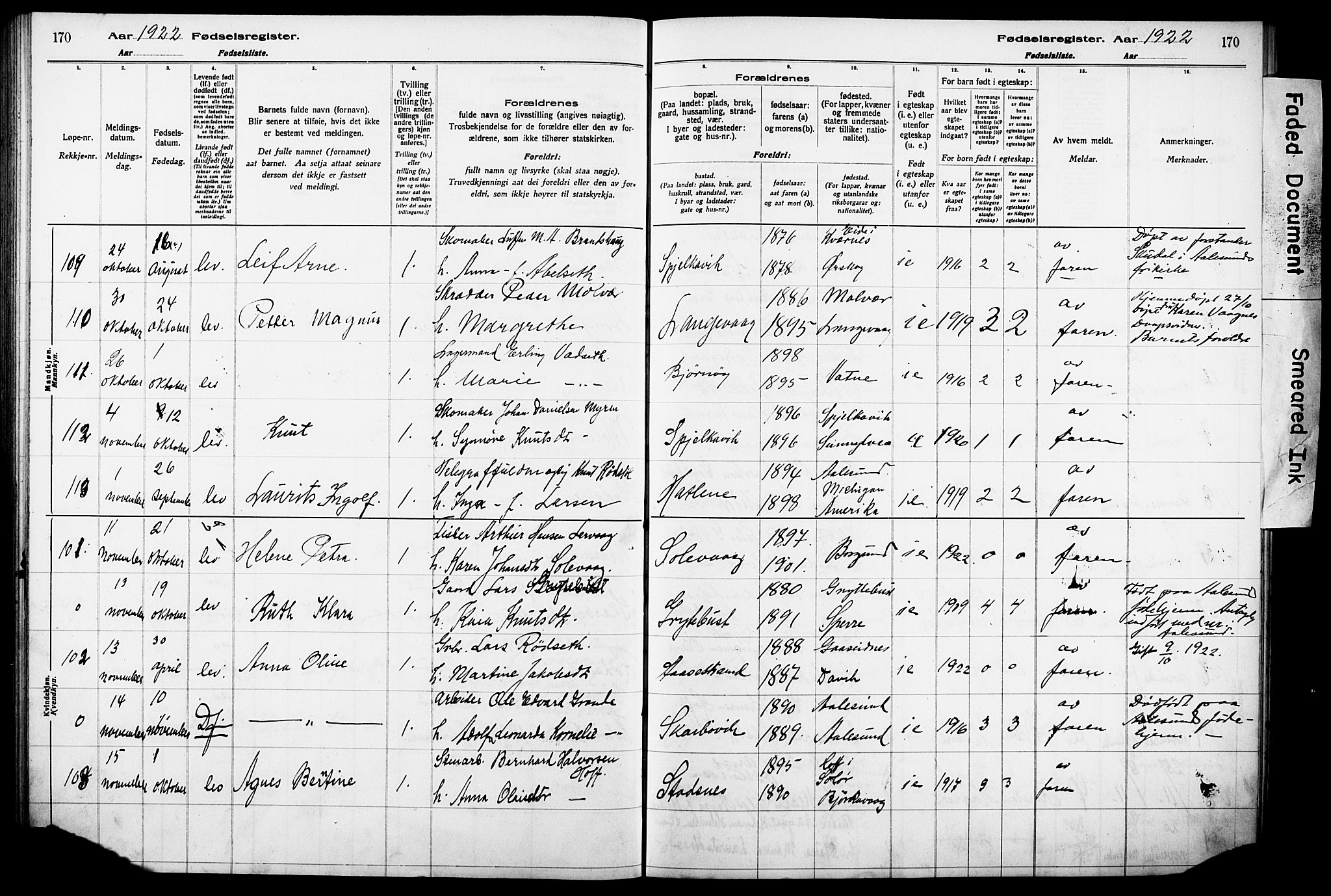 Ministerialprotokoller, klokkerbøker og fødselsregistre - Møre og Romsdal, SAT/A-1454/528/L0442: Fødselsregister nr. 528.II.4.1, 1916-1924, s. 170