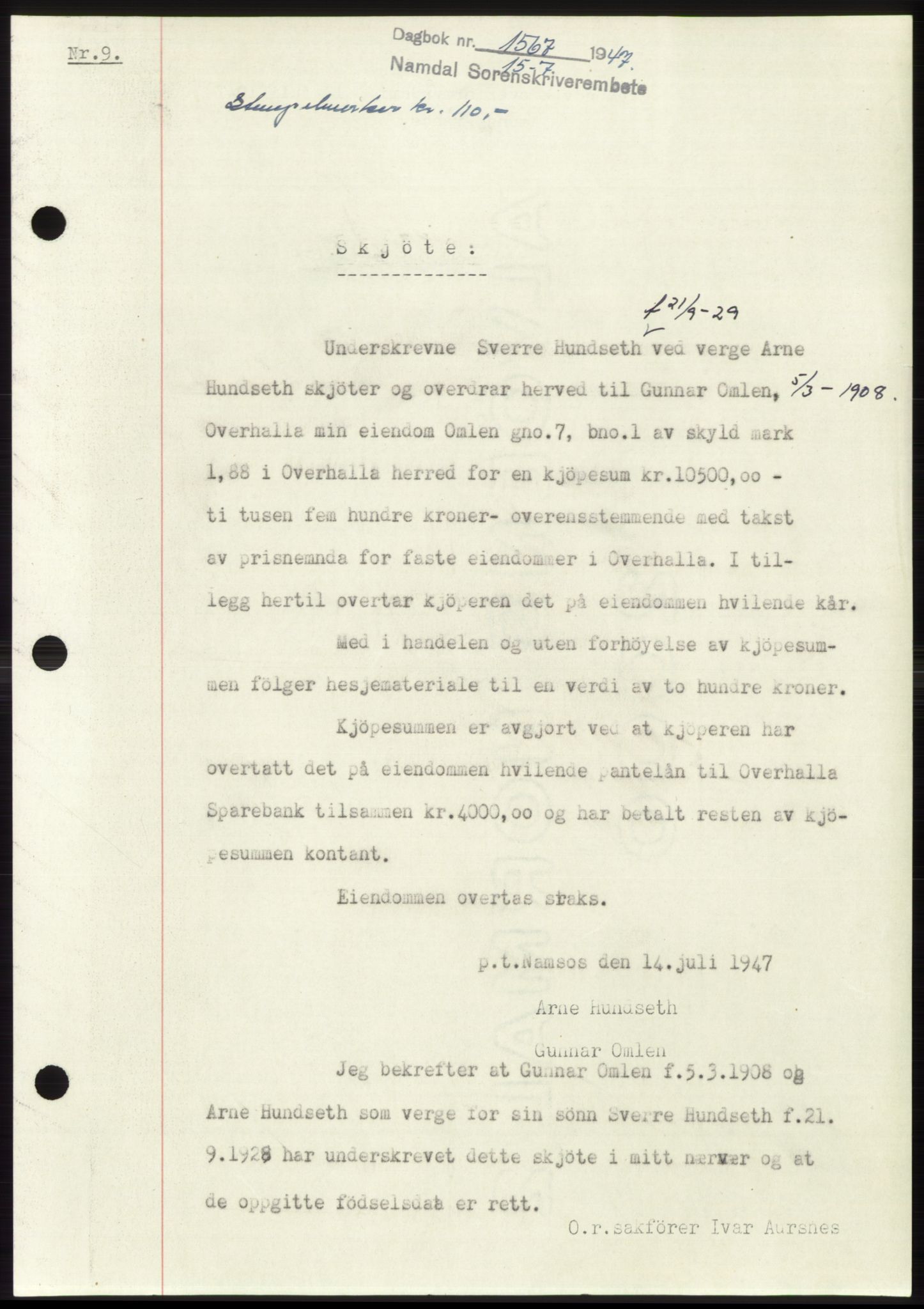 Namdal sorenskriveri, SAT/A-4133/1/2/2C: Pantebok nr. -, 1947-1947, Dagboknr: 1567/1947