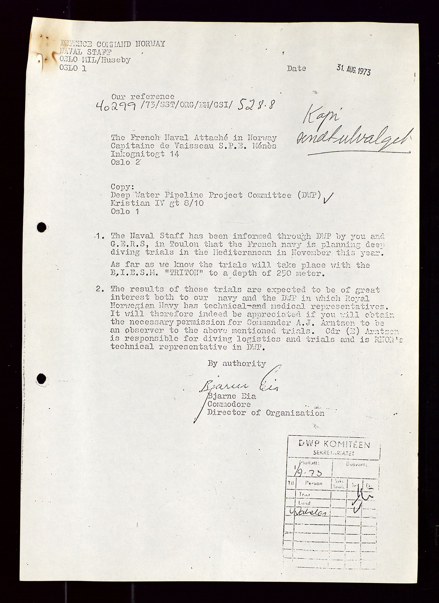 Industridepartementet, Oljekontoret, AV/SAST-A-101348/Di/L0001: DWP, møter juni - november, komiteemøter nr. 19 - 26, 1973-1974, s. 259