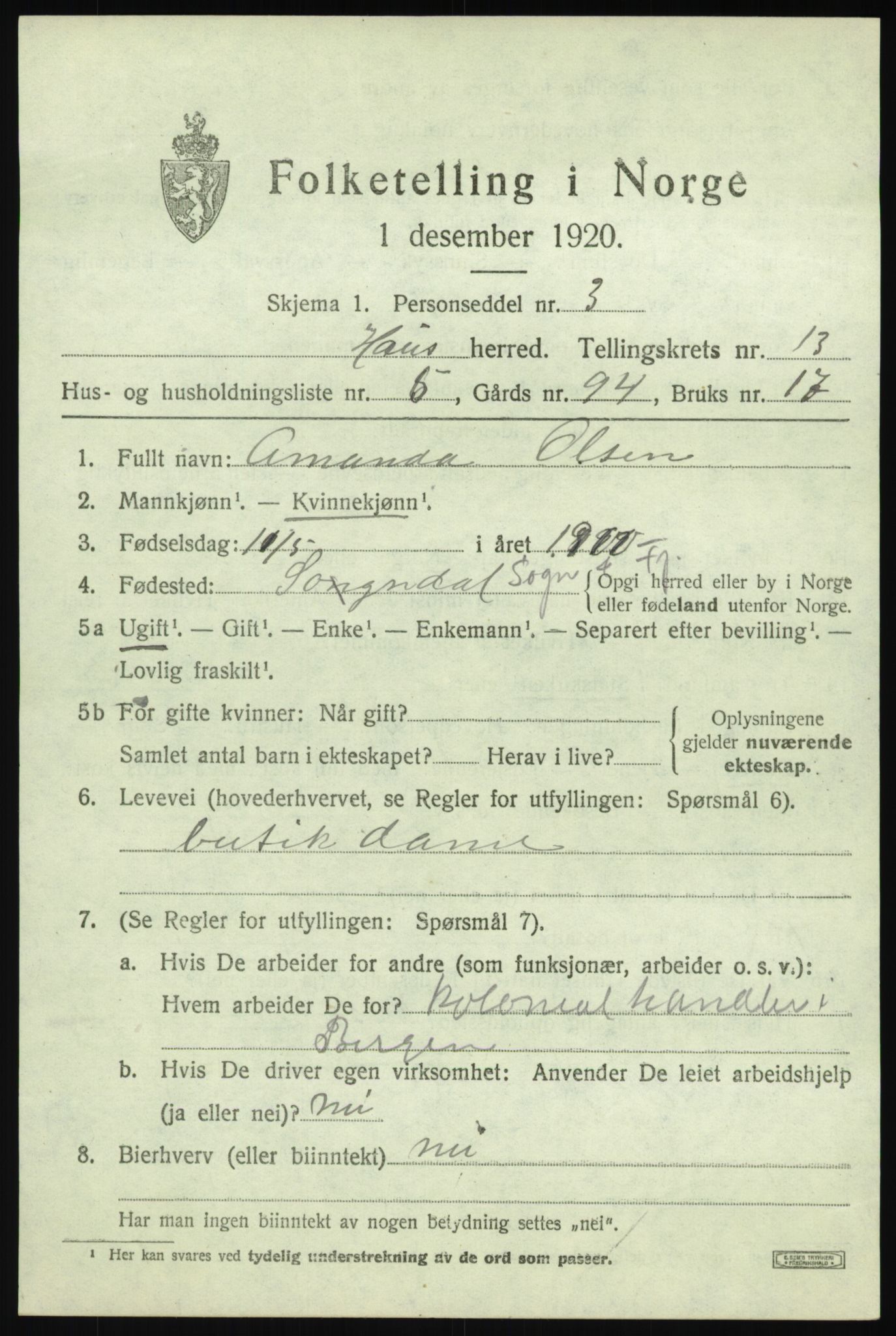 SAB, Folketelling 1920 for 1250 Haus herred, 1920, s. 8005