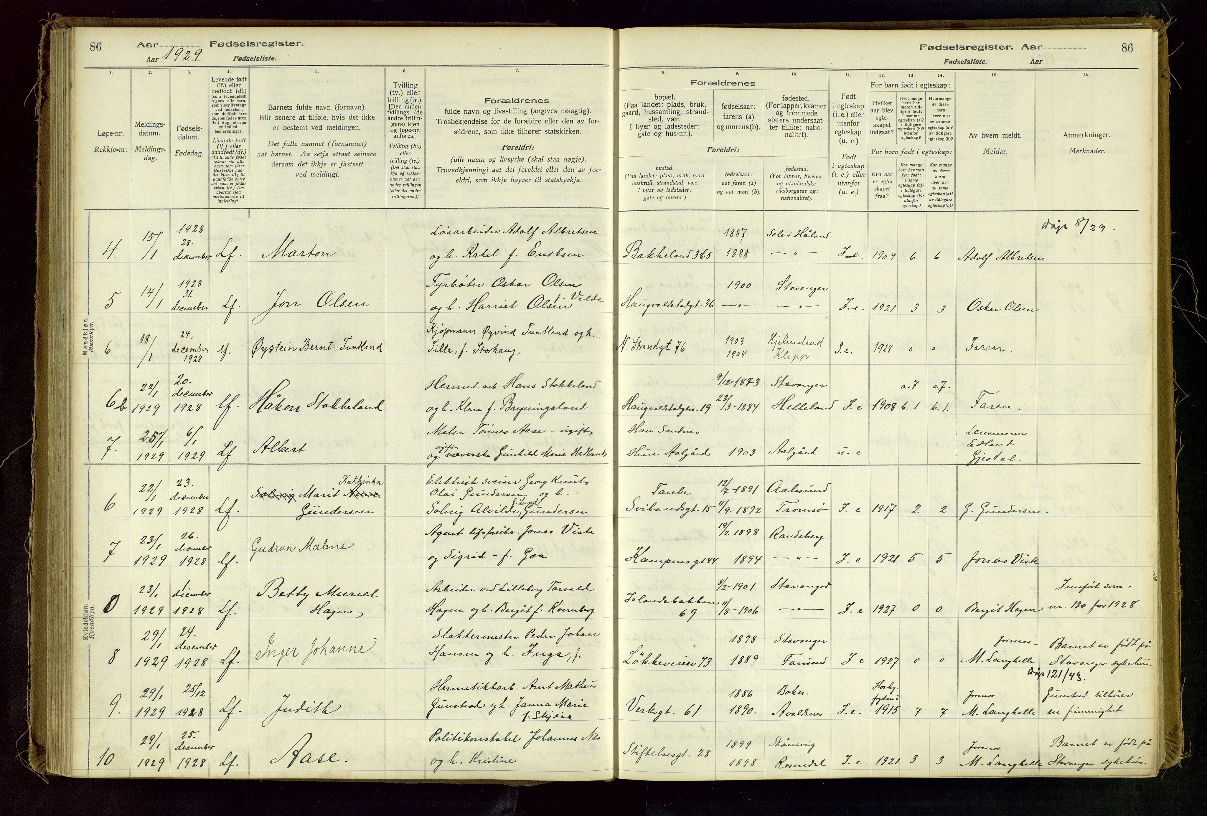 Domkirken sokneprestkontor, SAST/A-101812/002/A/L0001: Fødselsregister nr. 1, 1925-1932, s. 86