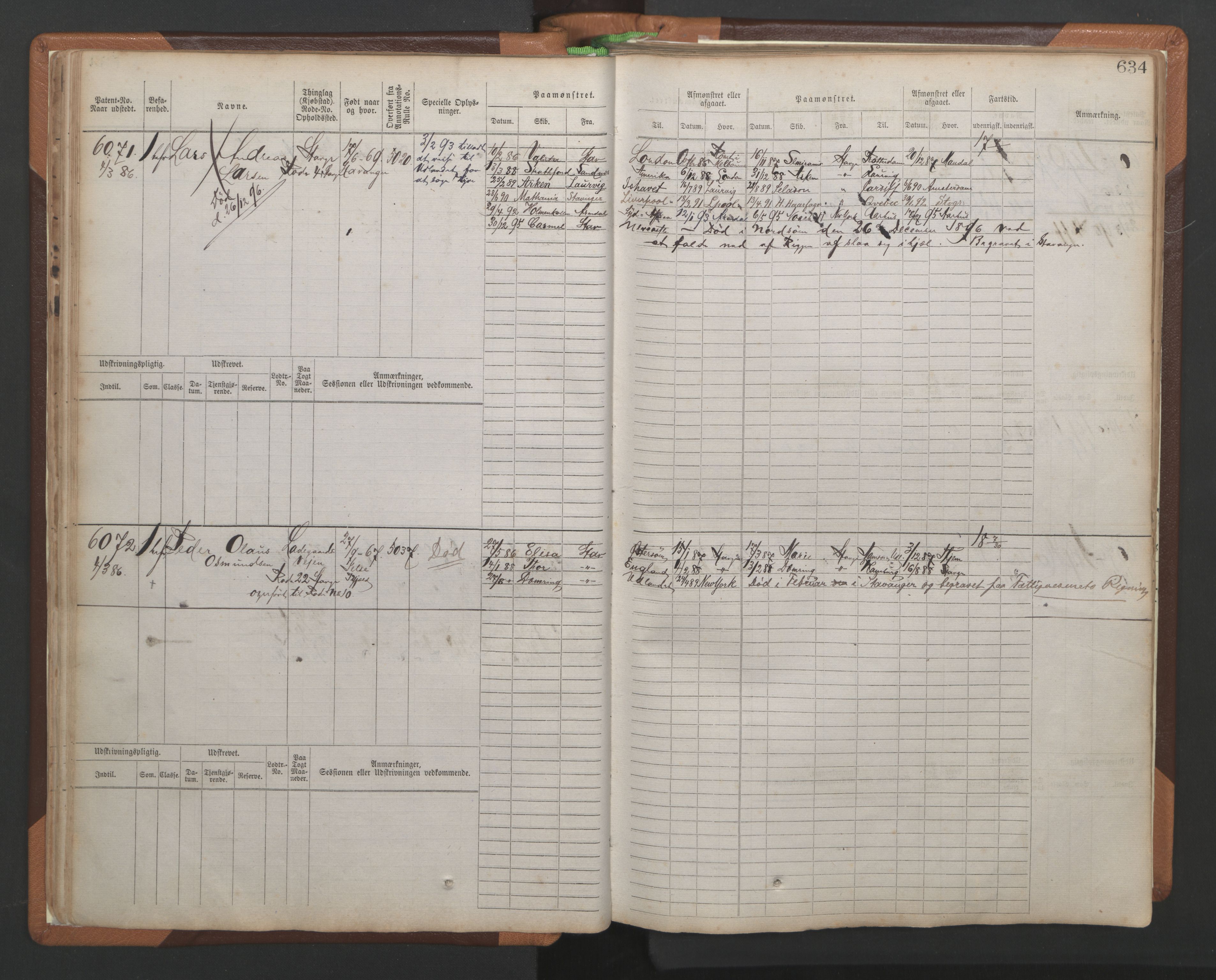 Stavanger sjømannskontor, AV/SAST-A-102006/F/Fb/Fbb/L0010: Sjøfartshovedrulle, patentnr. 6007-6606 (del 1), 1887-1896, s. 38