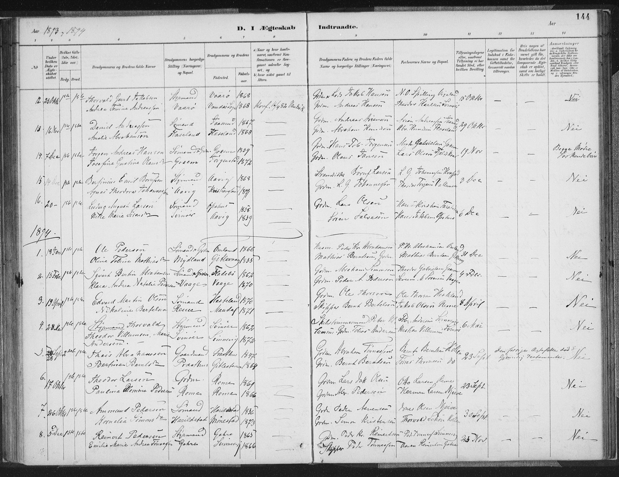 Sør-Audnedal sokneprestkontor, AV/SAK-1111-0039/F/Fa/Faa/L0004: Ministerialbok nr. A 4, 1884-1909, s. 144