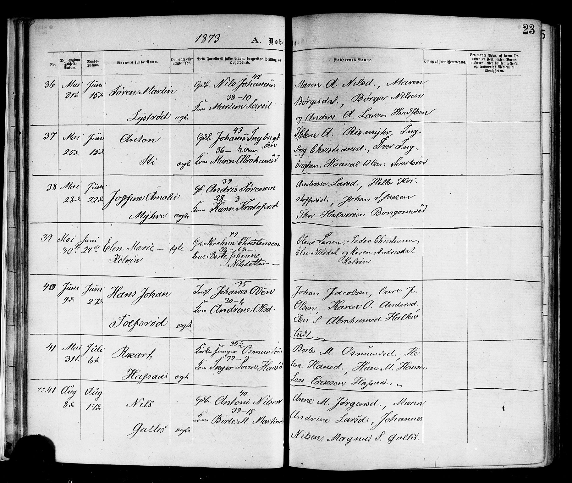 Andebu kirkebøker, AV/SAKO-A-336/F/Fa/L0006: Ministerialbok nr. I 6, 1871-1878, s. 23
