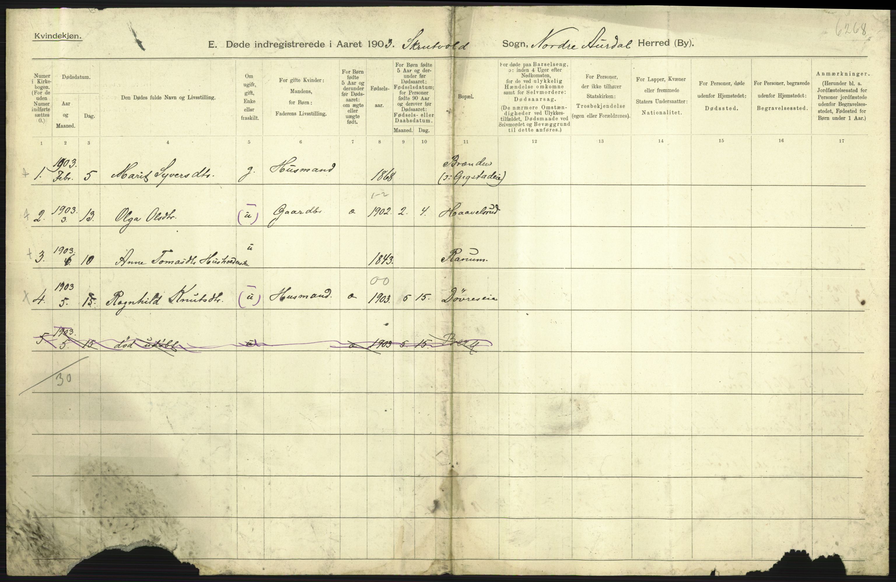 Statistisk sentralbyrå, Sosiodemografiske emner, Befolkning, AV/RA-S-2228/D/Df/Dfa/Dfaa/L0006: Kristians amt: Fødte, gifte, døde, 1903, s. 621