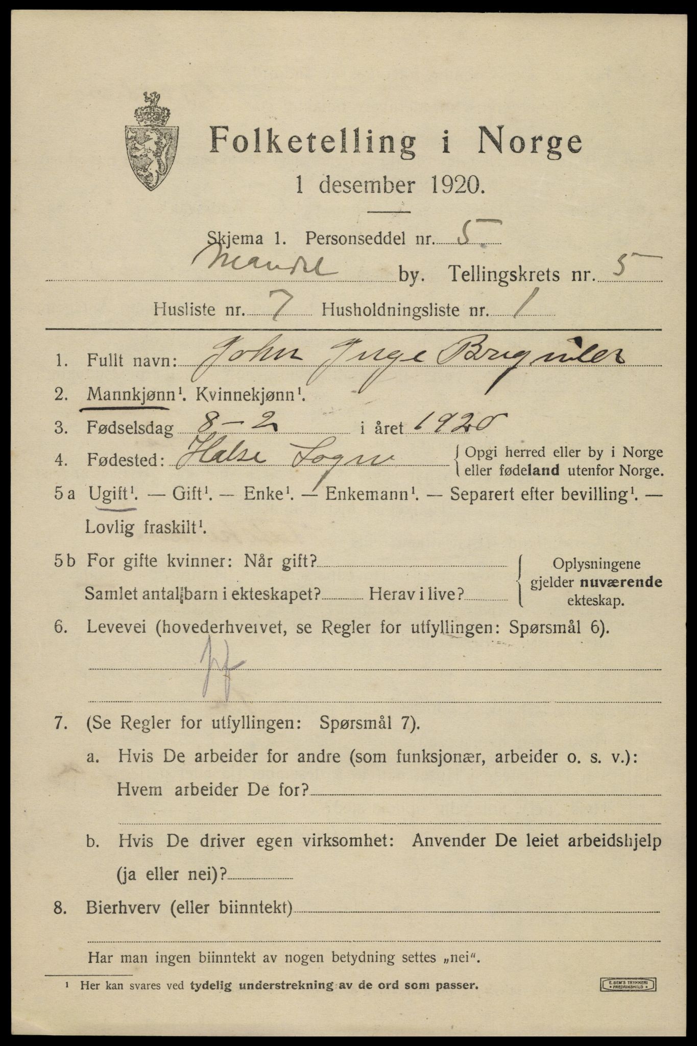 SAK, Folketelling 1920 for 1002 Mandal ladested, 1920, s. 8273