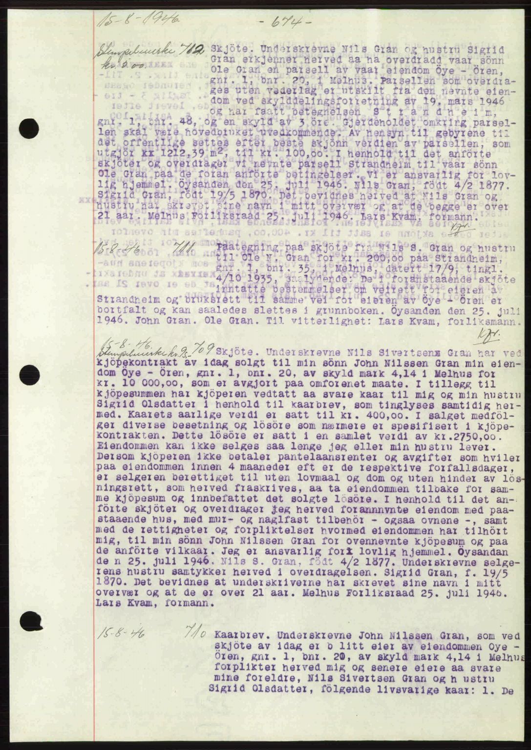 Gauldal sorenskriveri, SAT/A-0014/1/2/2C: Pantebok nr. A2, 1946-1946, Dagboknr: 712/1946
