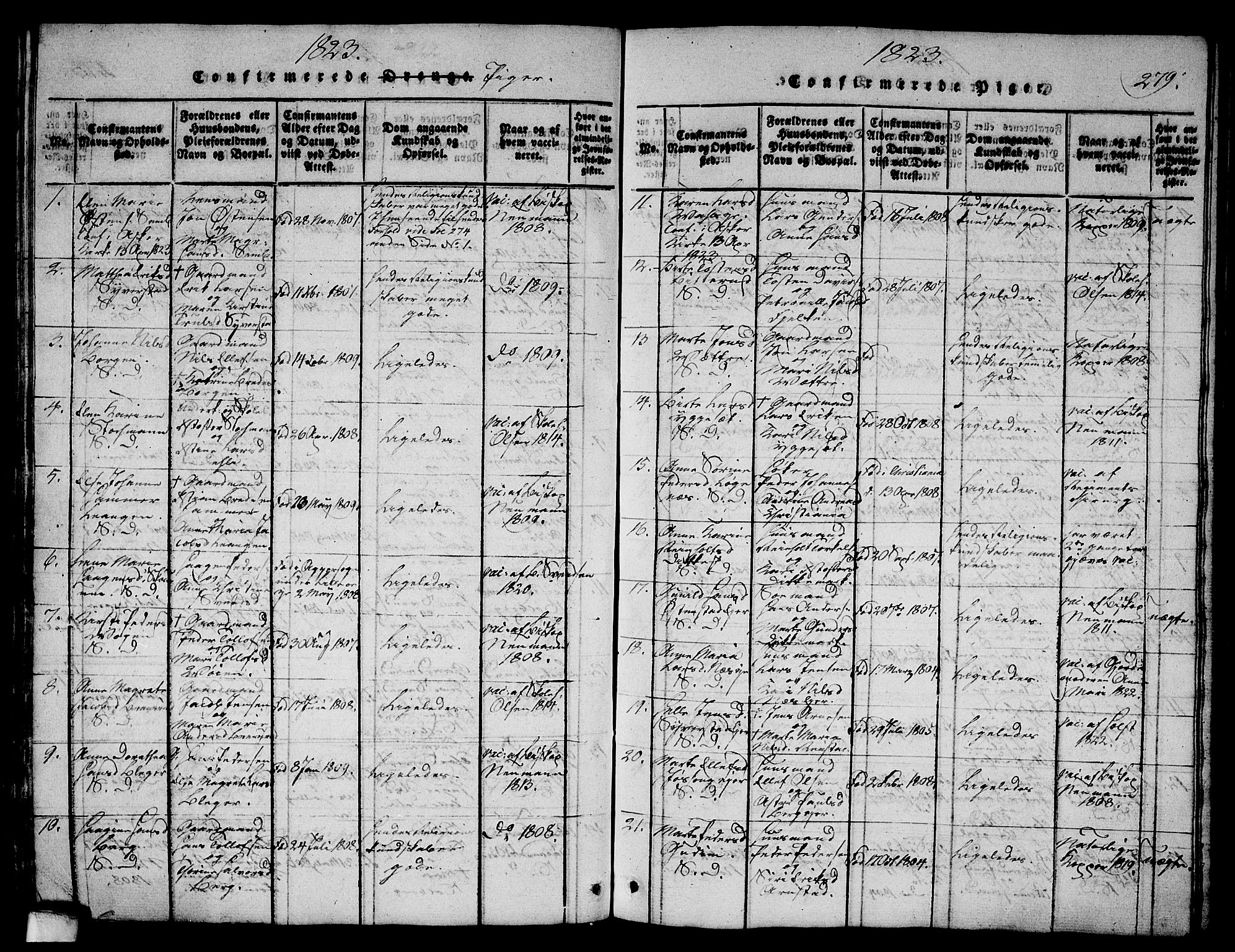 Asker prestekontor Kirkebøker, AV/SAO-A-10256a/G/Ga/L0001: Klokkerbok nr. I 1, 1814-1830, s. 279