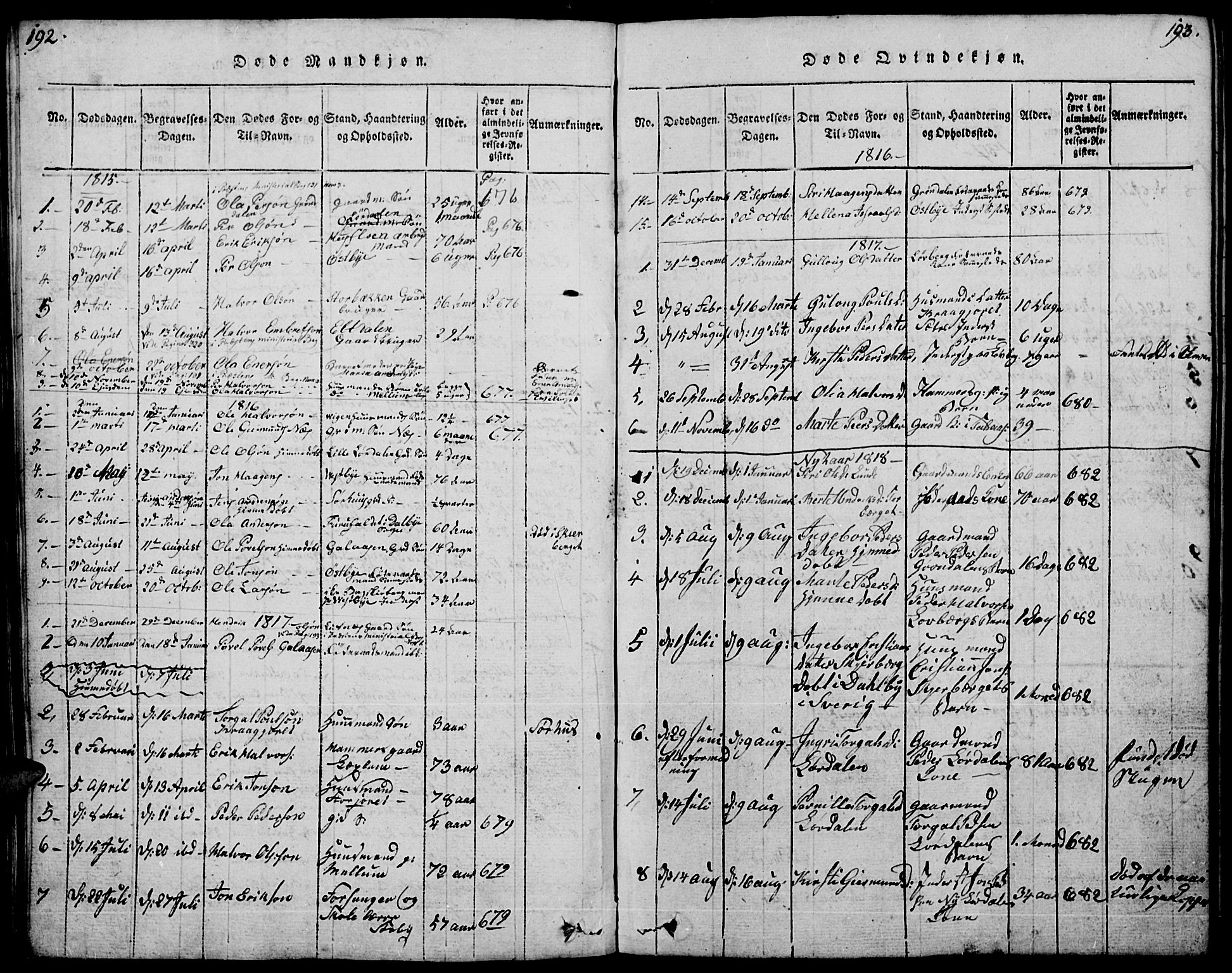 Trysil prestekontor, AV/SAH-PREST-046/H/Ha/Hab/L0004: Klokkerbok nr. 4, 1814-1841, s. 192-193
