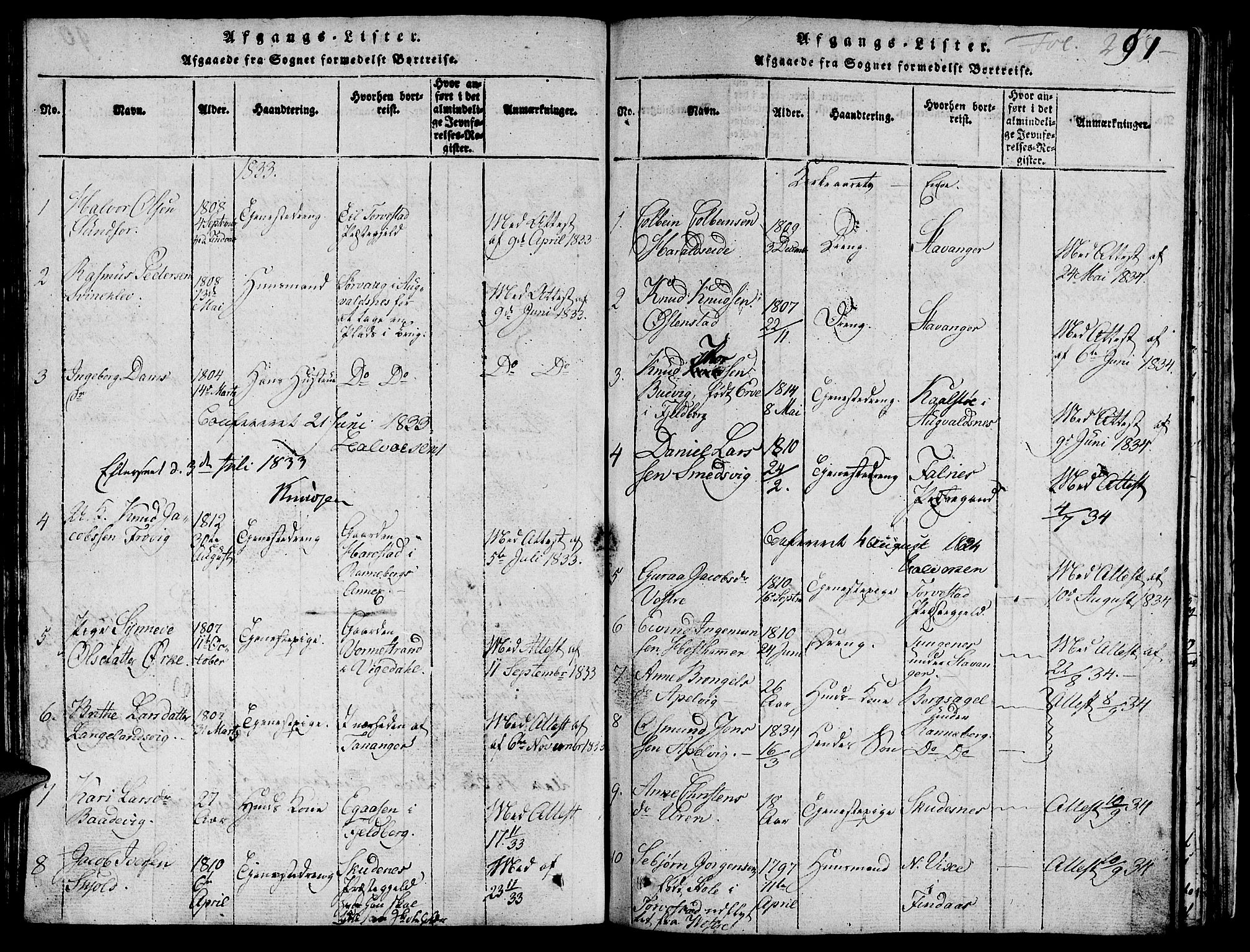 Skjold sokneprestkontor, AV/SAST-A-101847/H/Ha/Hab/L0001: Klokkerbok nr. B 1, 1815-1835, s. 291