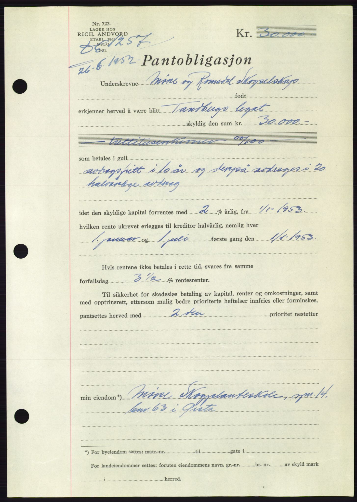 Søre Sunnmøre sorenskriveri, AV/SAT-A-4122/1/2/2C/L0121: Pantebok nr. 9B, 1951-1952, Dagboknr: 1257/1952