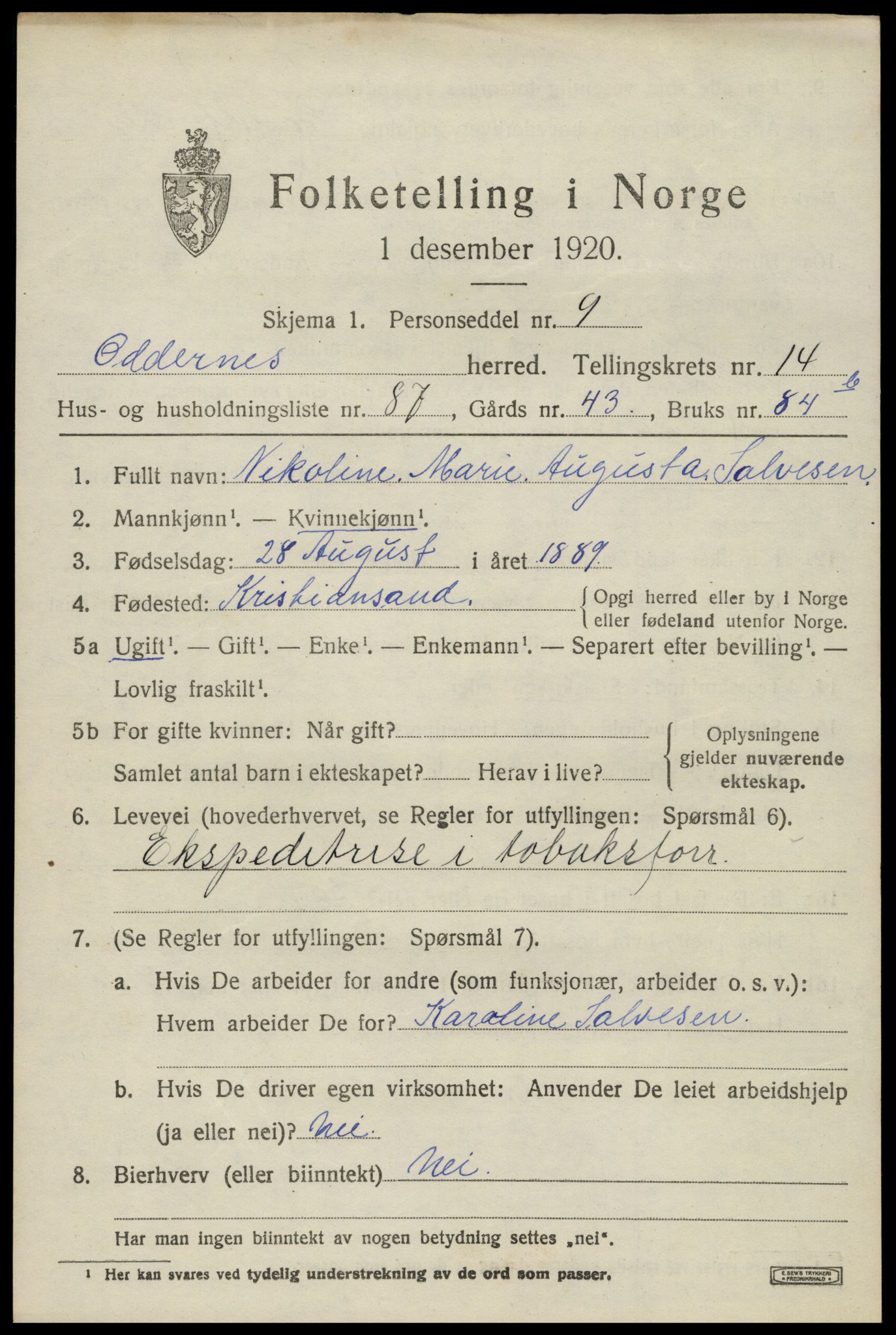 SAK, Folketelling 1920 for 1012 Oddernes herred, 1920, s. 9637