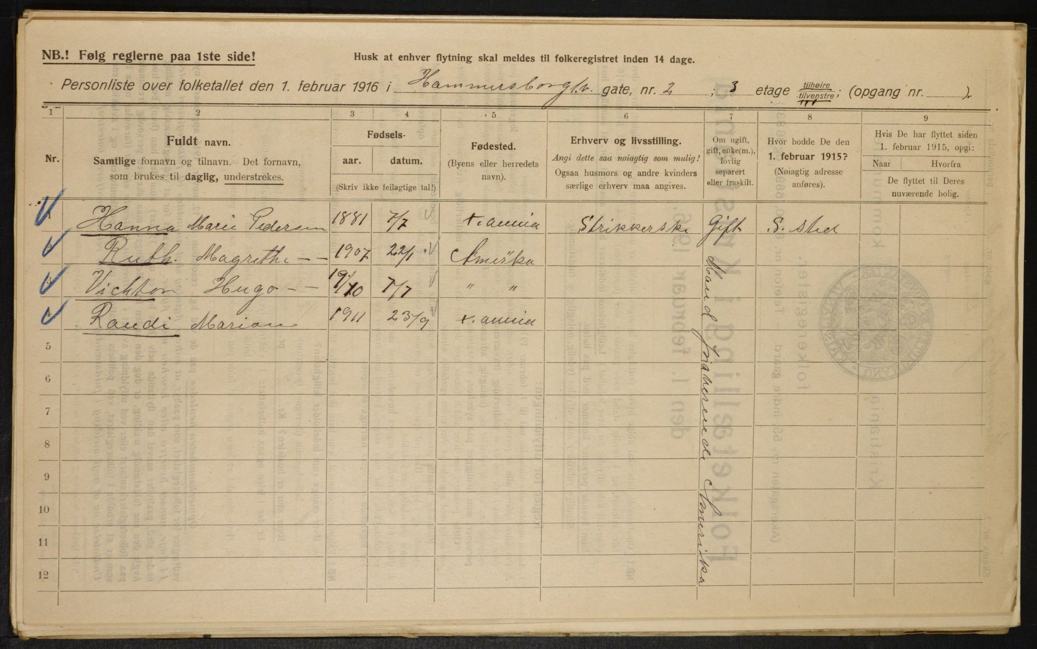 OBA, Kommunal folketelling 1.2.1916 for Kristiania, 1916, s. 34998