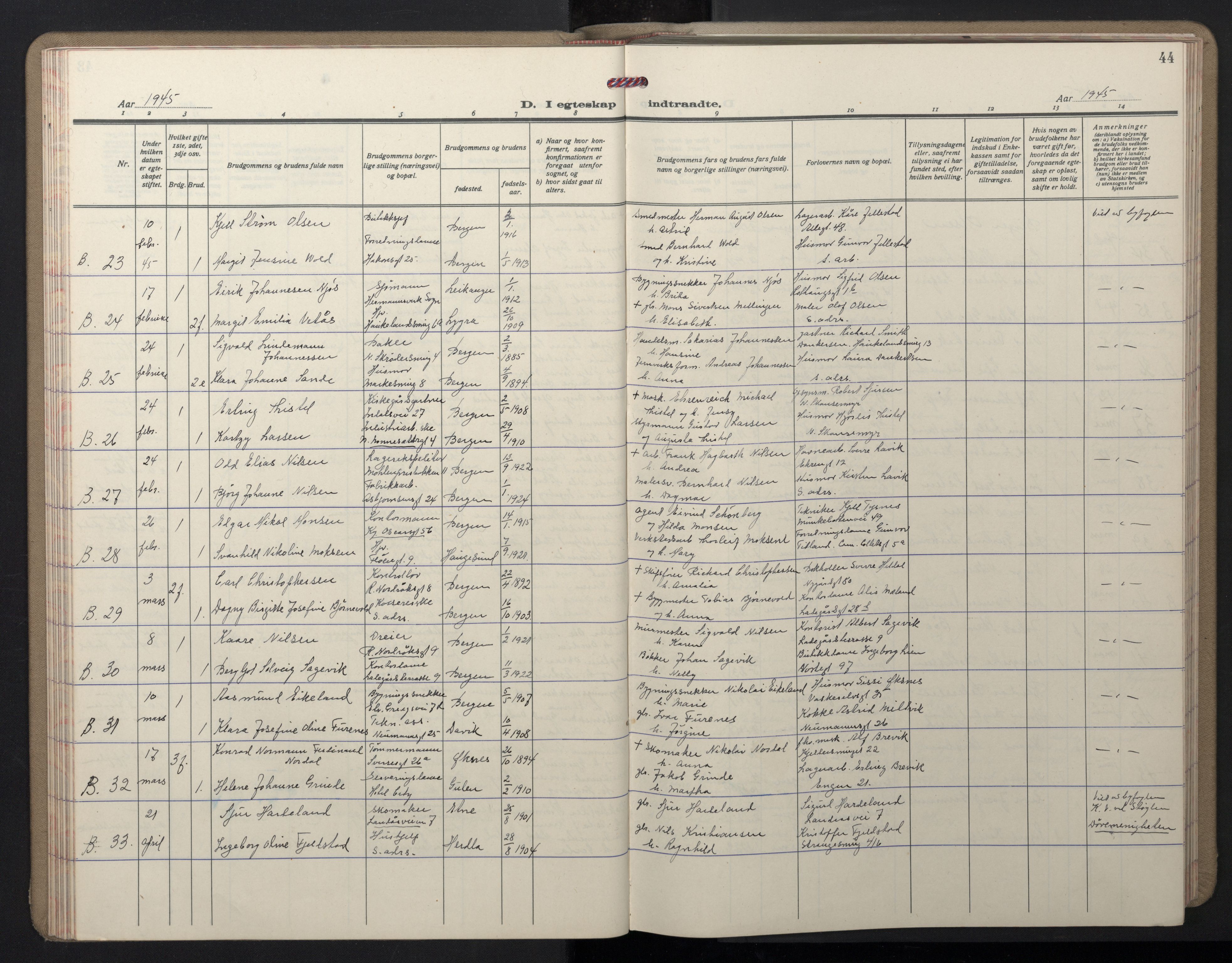 Domkirken sokneprestembete, AV/SAB-A-74801/H/Hab/L0035: Klokkerbok nr. D 7, 1941-1953, s. 44