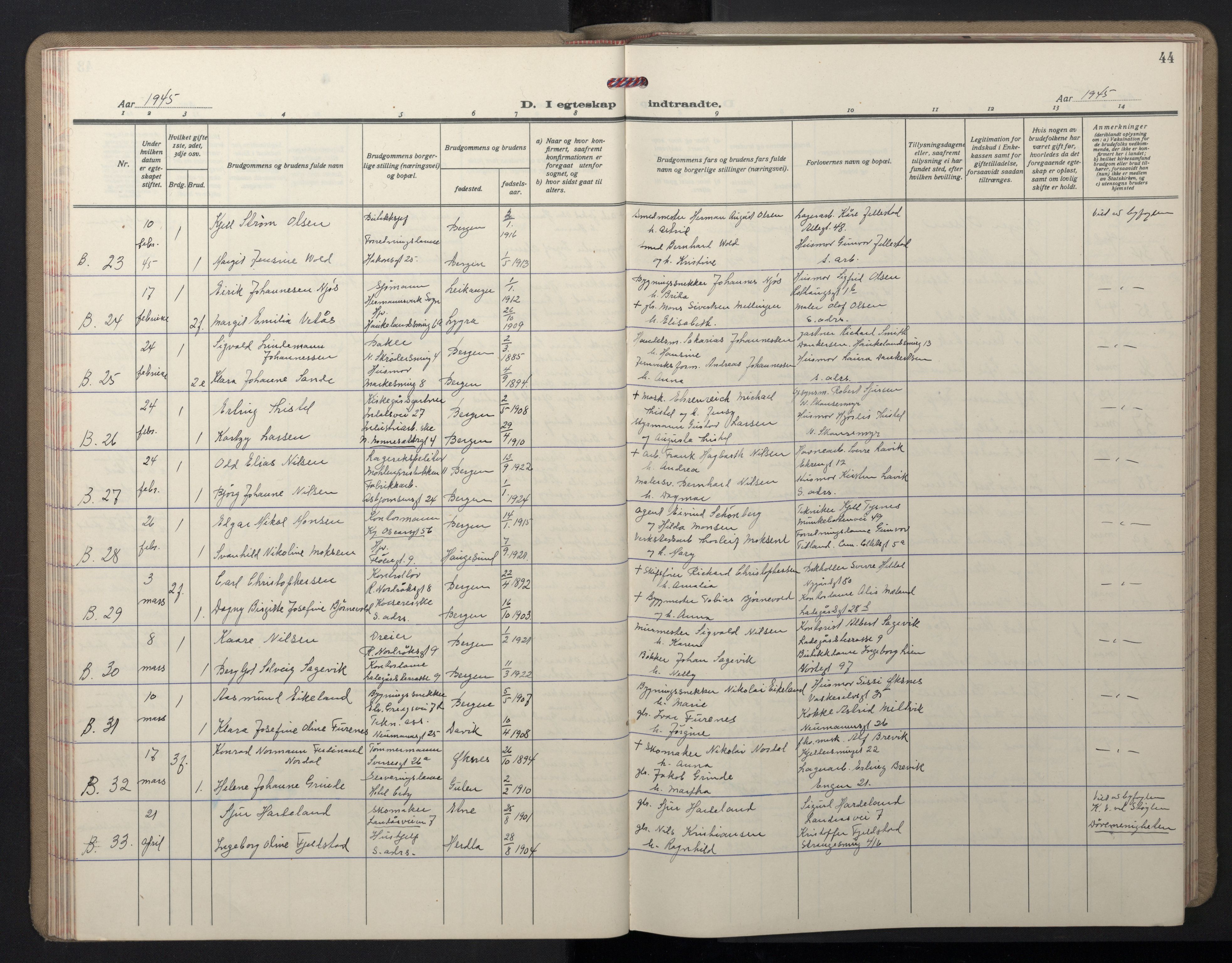 Domkirken sokneprestembete, SAB/A-74801/H/Hab/L0035: Klokkerbok nr. D 7, 1941-1953, s. 44