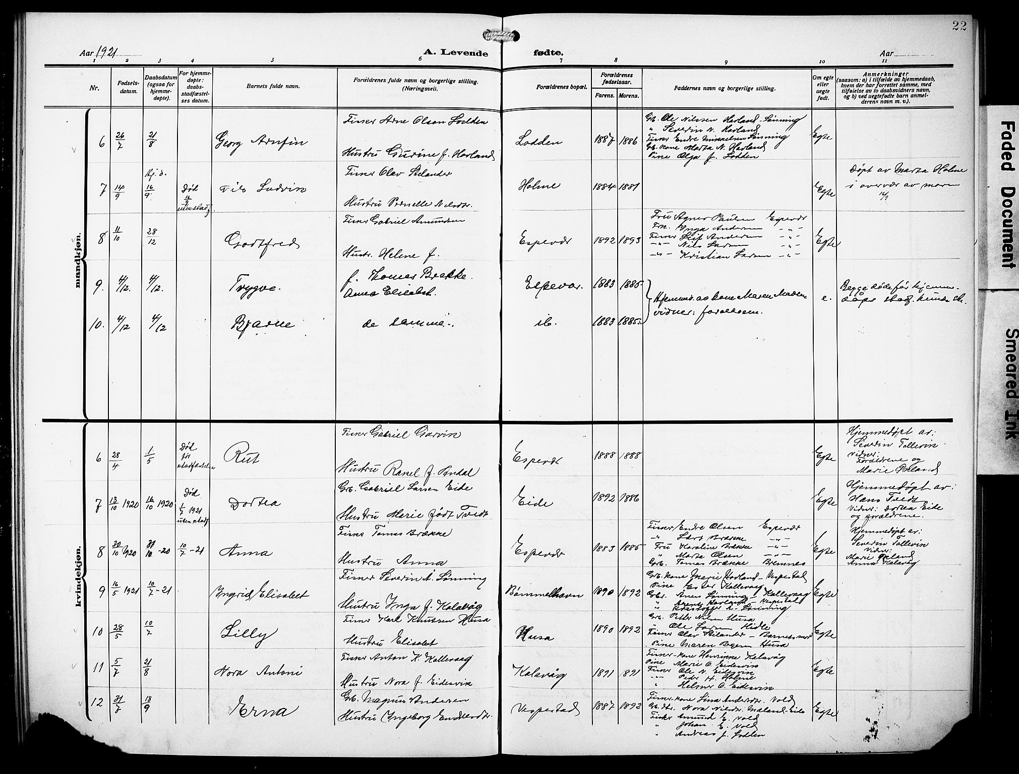 Finnås sokneprestembete, AV/SAB-A-99925/H/Ha/Hab/Habc/L0004: Klokkerbok nr. C 4, 1917-1931, s. 22