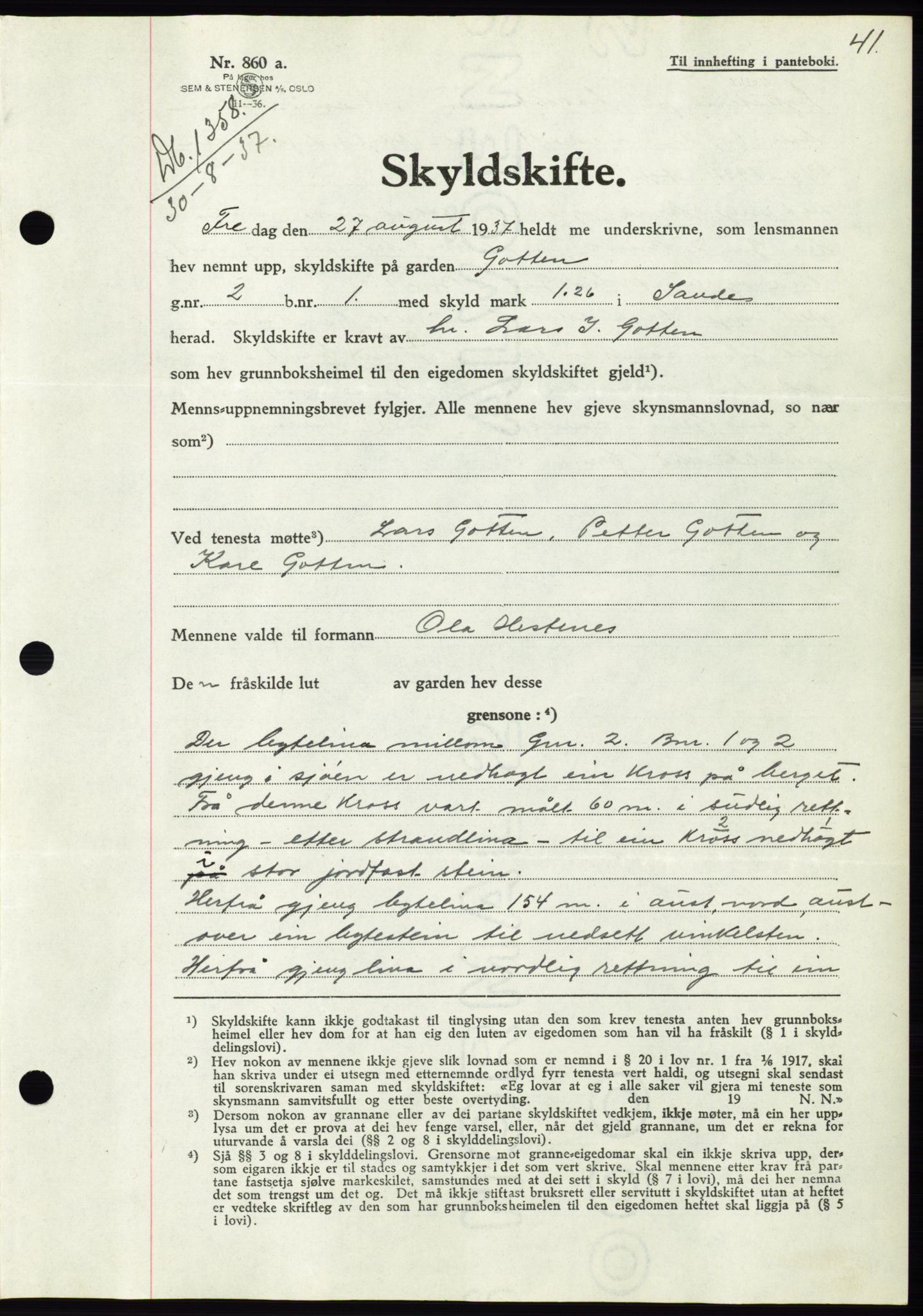 Søre Sunnmøre sorenskriveri, AV/SAT-A-4122/1/2/2C/L0064: Pantebok nr. 58, 1937-1938, Dagboknr: 1358/1937