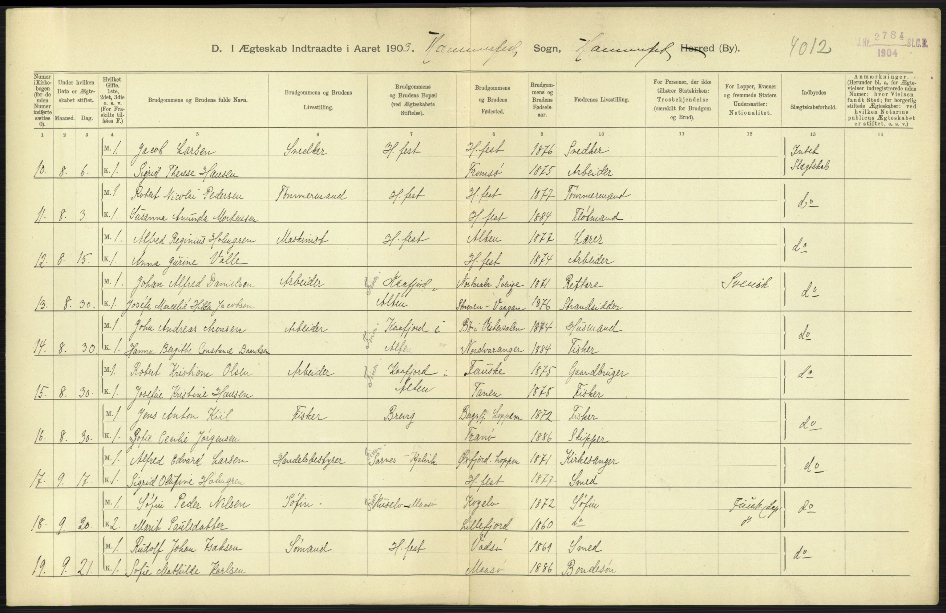 Statistisk sentralbyrå, Sosiodemografiske emner, Befolkning, AV/RA-S-2228/D/Df/Dfa/Dfaa/L0022: Finnmarkens amt: Fødte, gifte, døde., 1903, s. 203