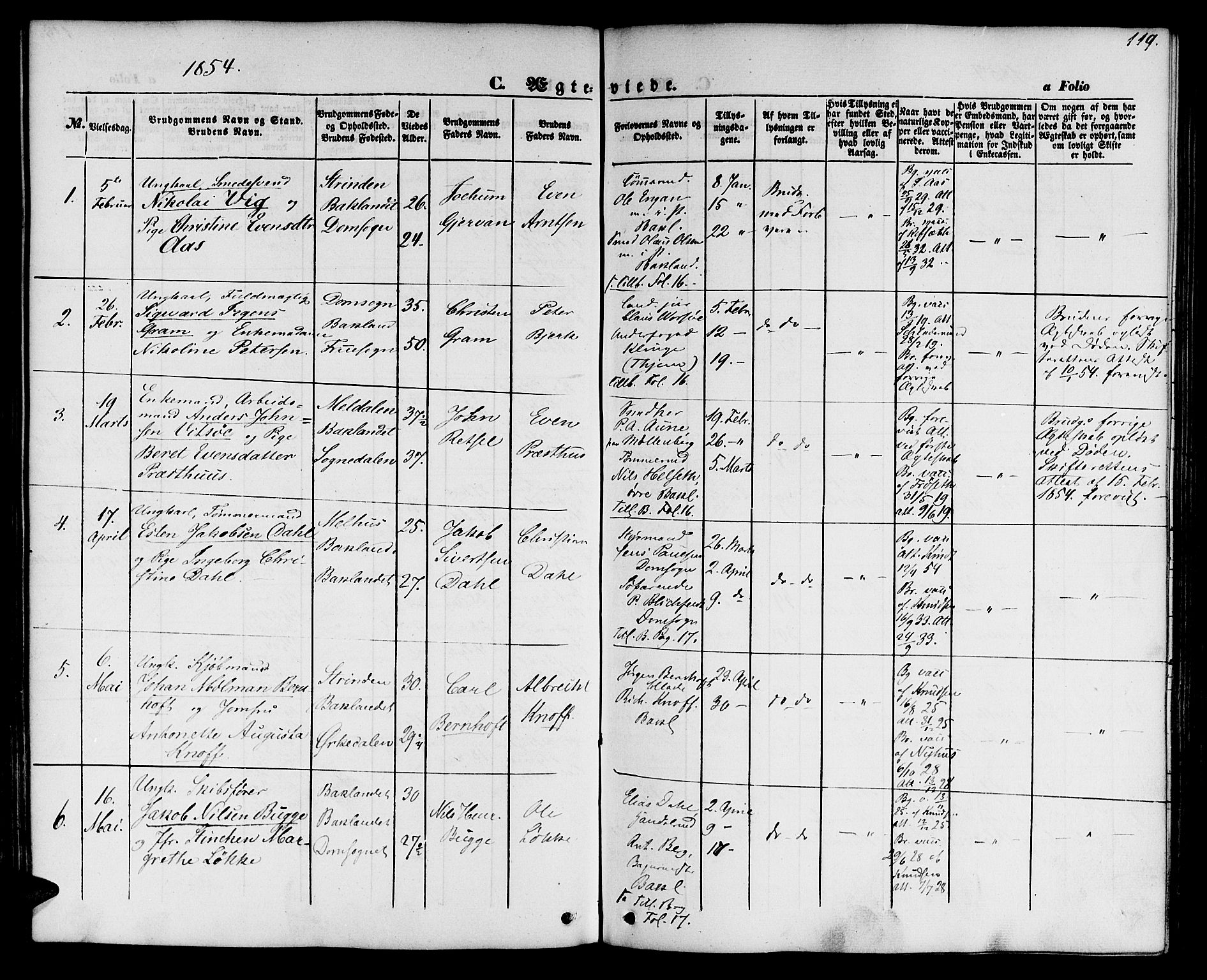 Ministerialprotokoller, klokkerbøker og fødselsregistre - Sør-Trøndelag, SAT/A-1456/604/L0184: Ministerialbok nr. 604A05, 1851-1860, s. 119