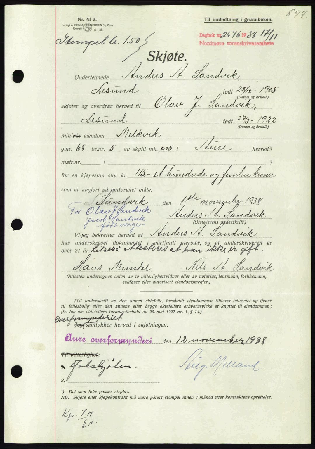 Nordmøre sorenskriveri, AV/SAT-A-4132/1/2/2Ca: Pantebok nr. A84, 1938-1938, Dagboknr: 2676/1938