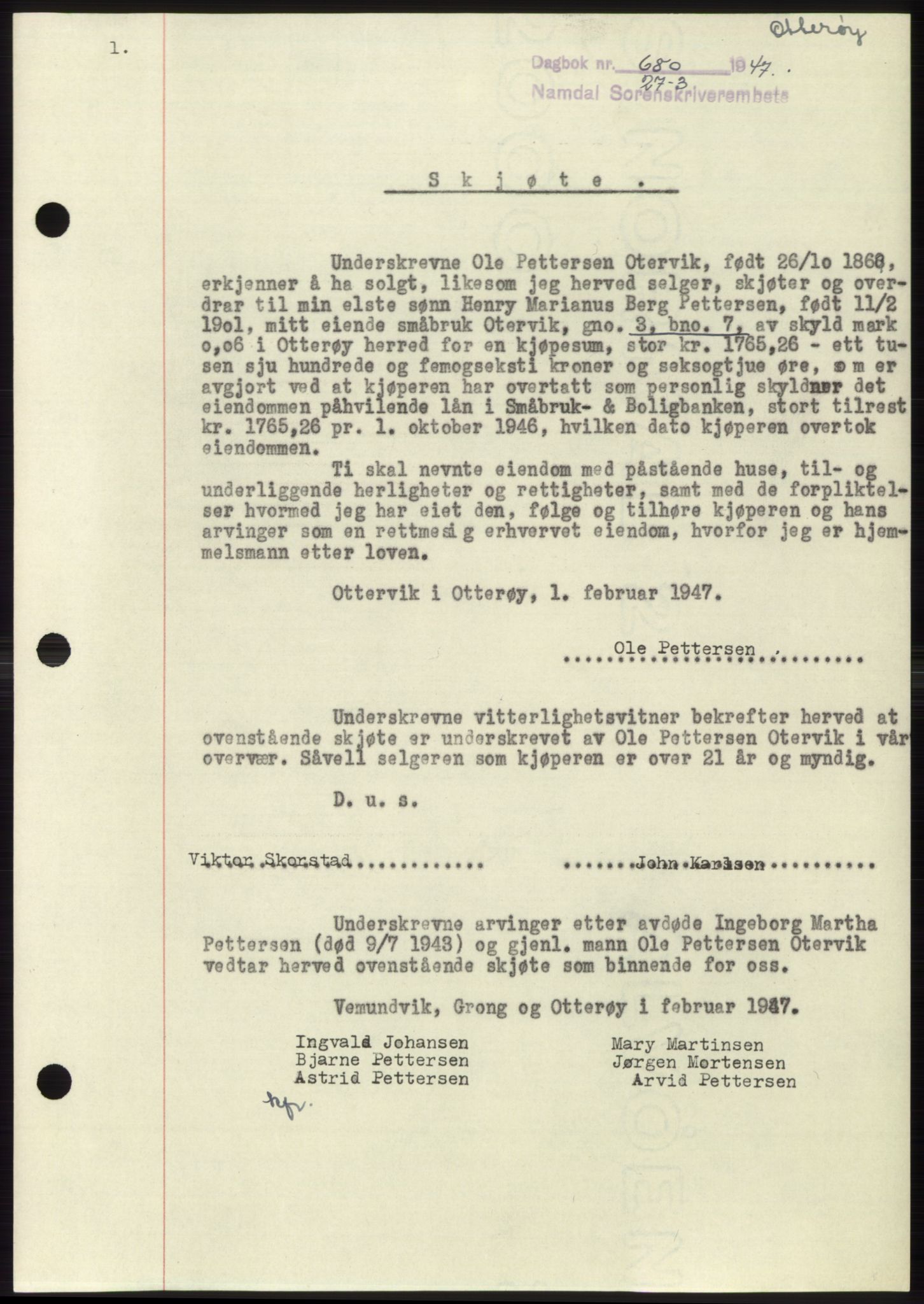 Namdal sorenskriveri, SAT/A-4133/1/2/2C: Pantebok nr. -, 1946-1947, Dagboknr: 680/1947