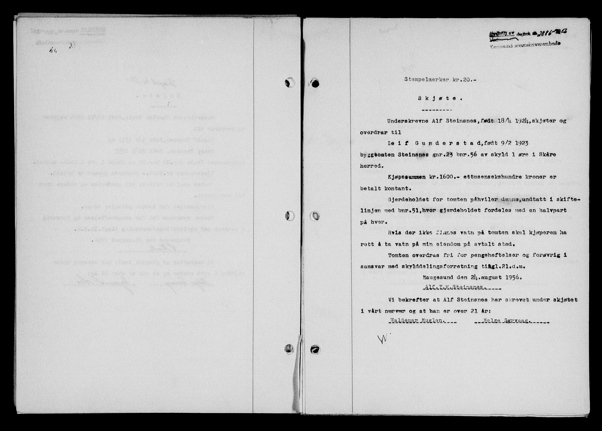 Karmsund sorenskriveri, SAST/A-100311/01/II/IIB/L0121: Pantebok nr. 101A, 1956-1956, Dagboknr: 2886/1956