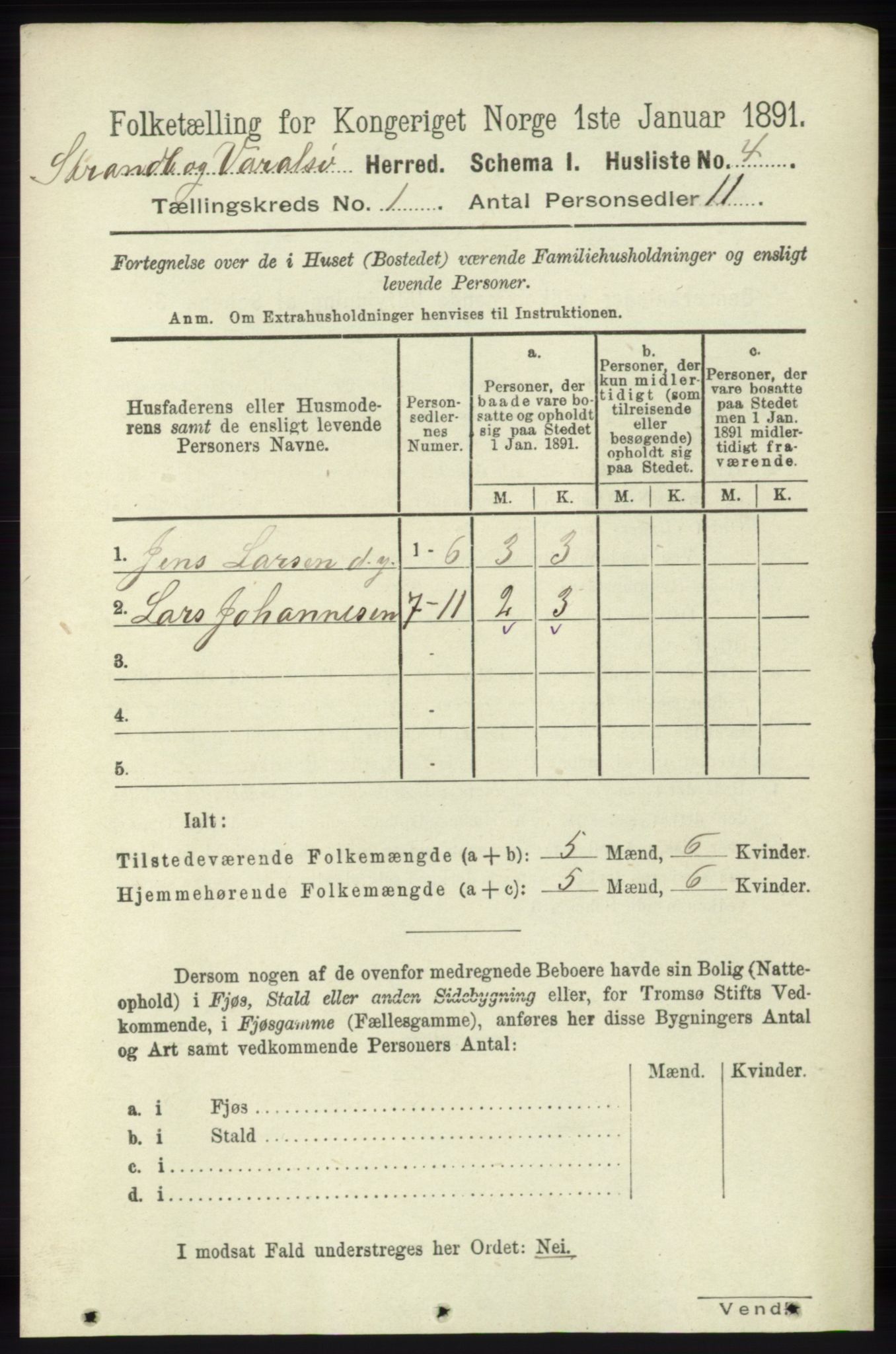 RA, Folketelling 1891 for 1226 Strandebarm og Varaldsøy herred, 1891, s. 27