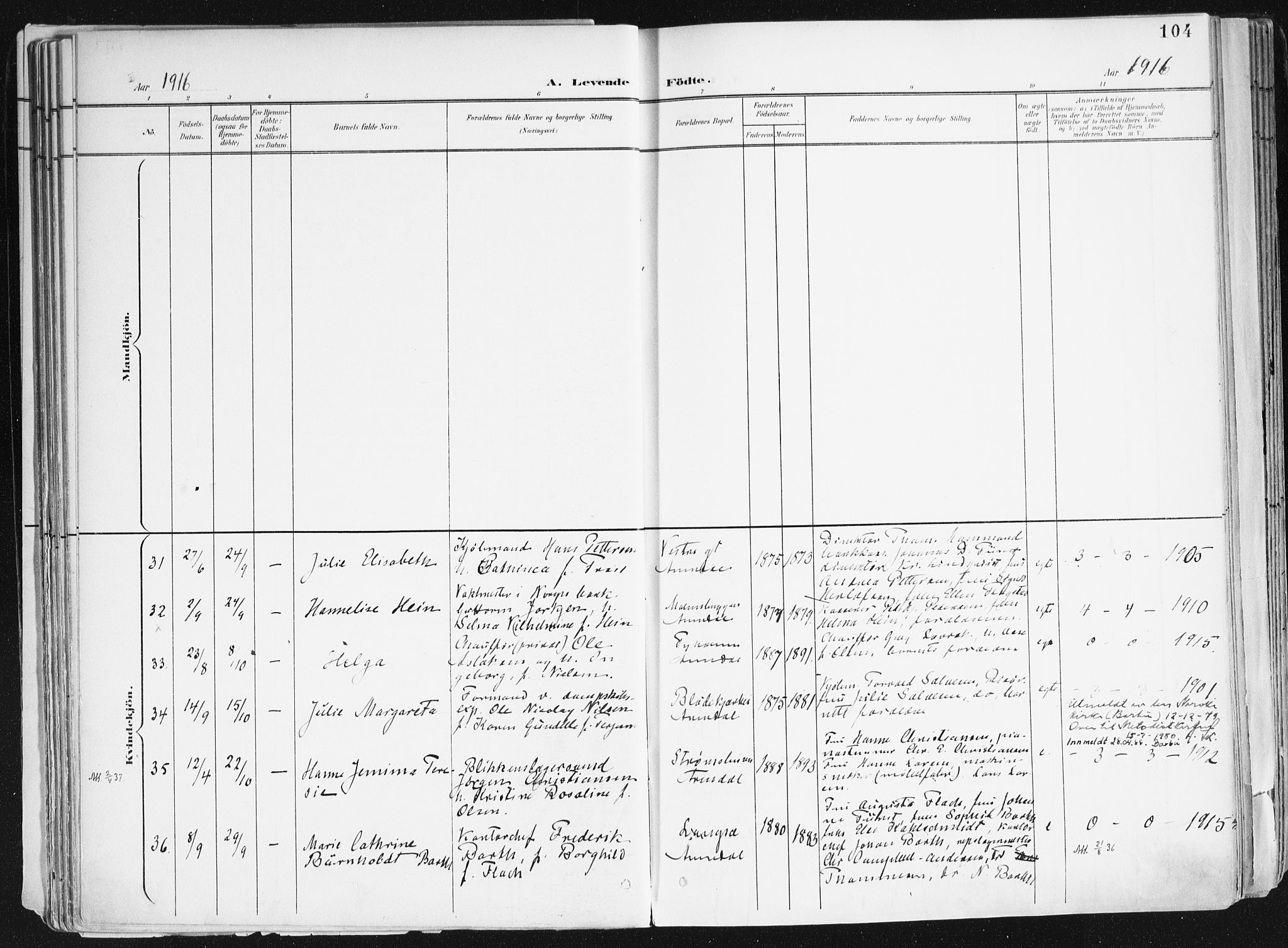 Arendal sokneprestkontor, Trefoldighet, AV/SAK-1111-0040/F/Fa/L0010: Ministerialbok nr. A 10, 1900-1919, s. 104
