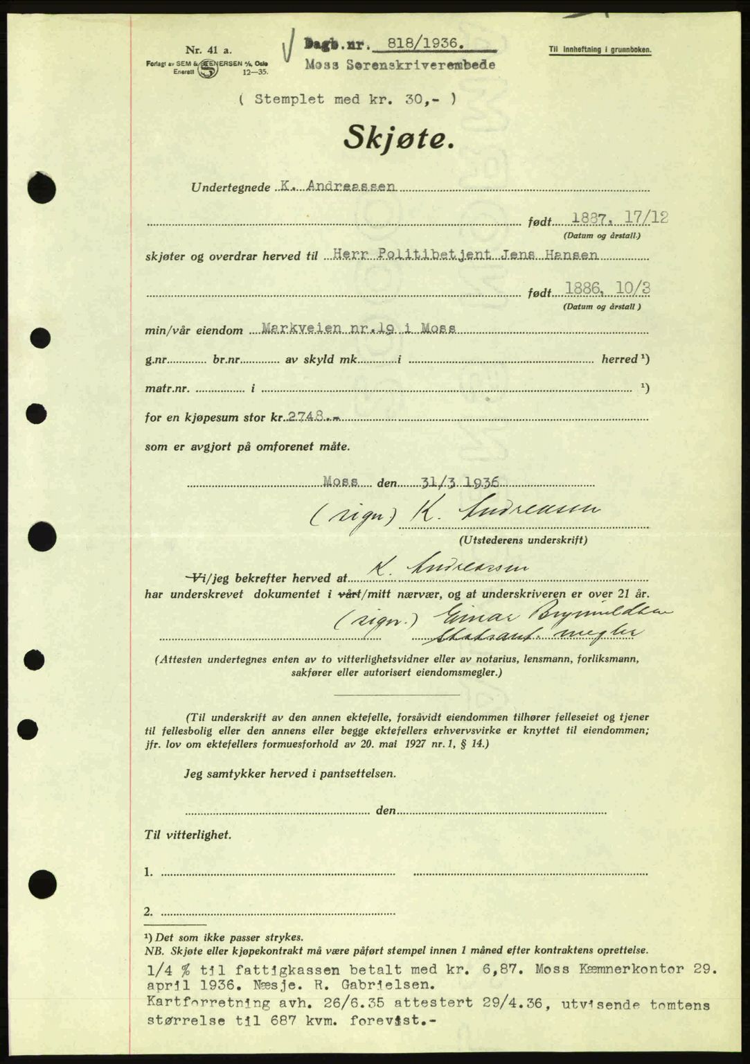 Moss sorenskriveri, SAO/A-10168: Pantebok nr. A1, 1936-1936, Dagboknr: 818/1936