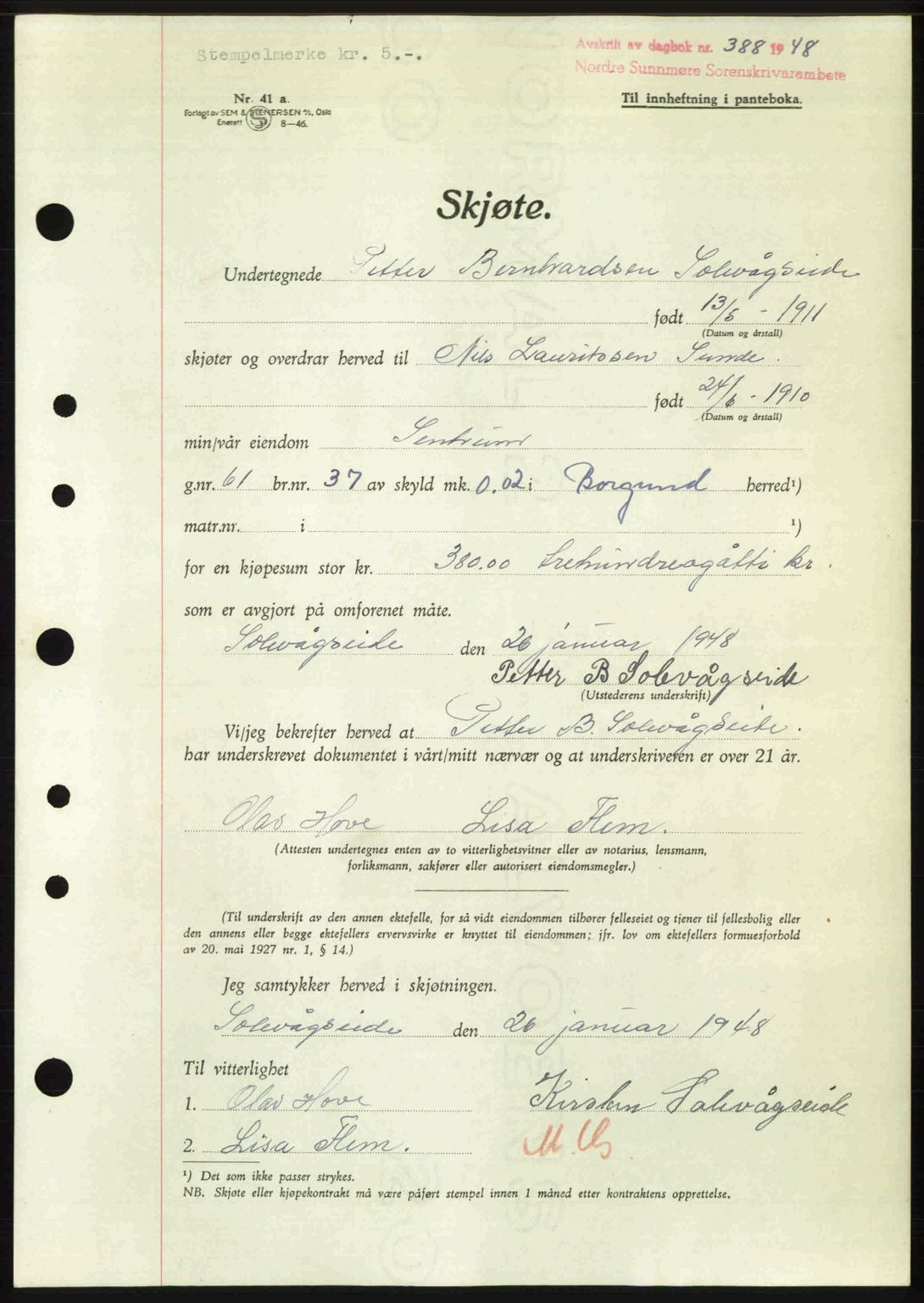 Nordre Sunnmøre sorenskriveri, AV/SAT-A-0006/1/2/2C/2Ca: Pantebok nr. A27, 1948-1948, Dagboknr: 388/1948