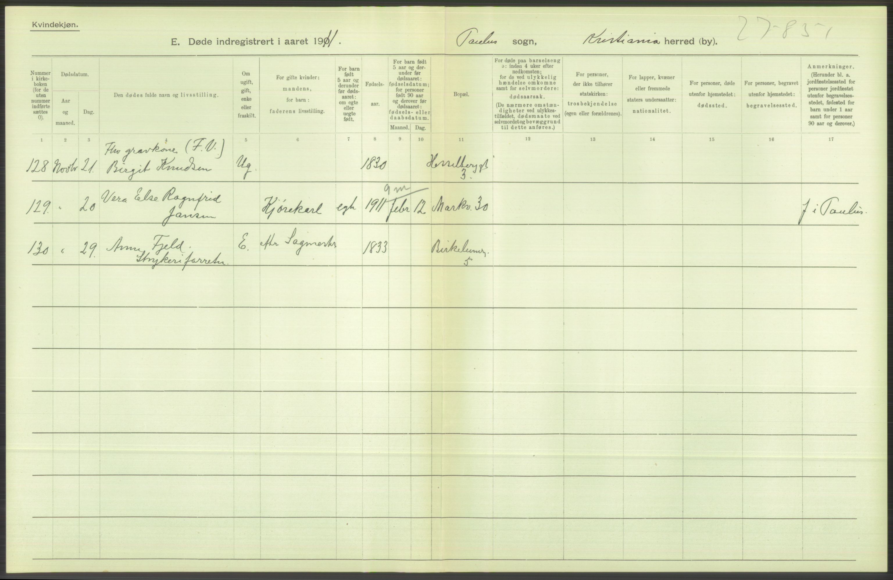 Statistisk sentralbyrå, Sosiodemografiske emner, Befolkning, AV/RA-S-2228/D/Df/Dfb/Dfba/L0010: Kristiania: Døde kvinner samt dødfødte., 1911, s. 248