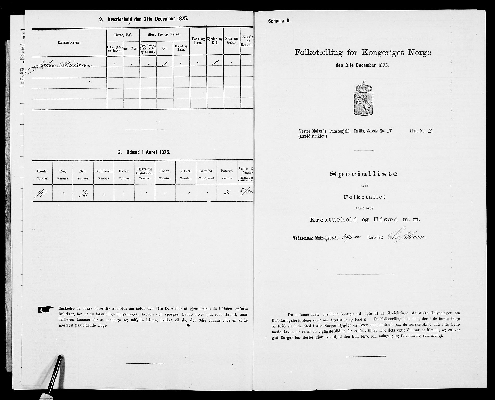 SAK, Folketelling 1875 for 0926L Vestre Moland prestegjeld, Vestre Moland sokn, 1875, s. 394