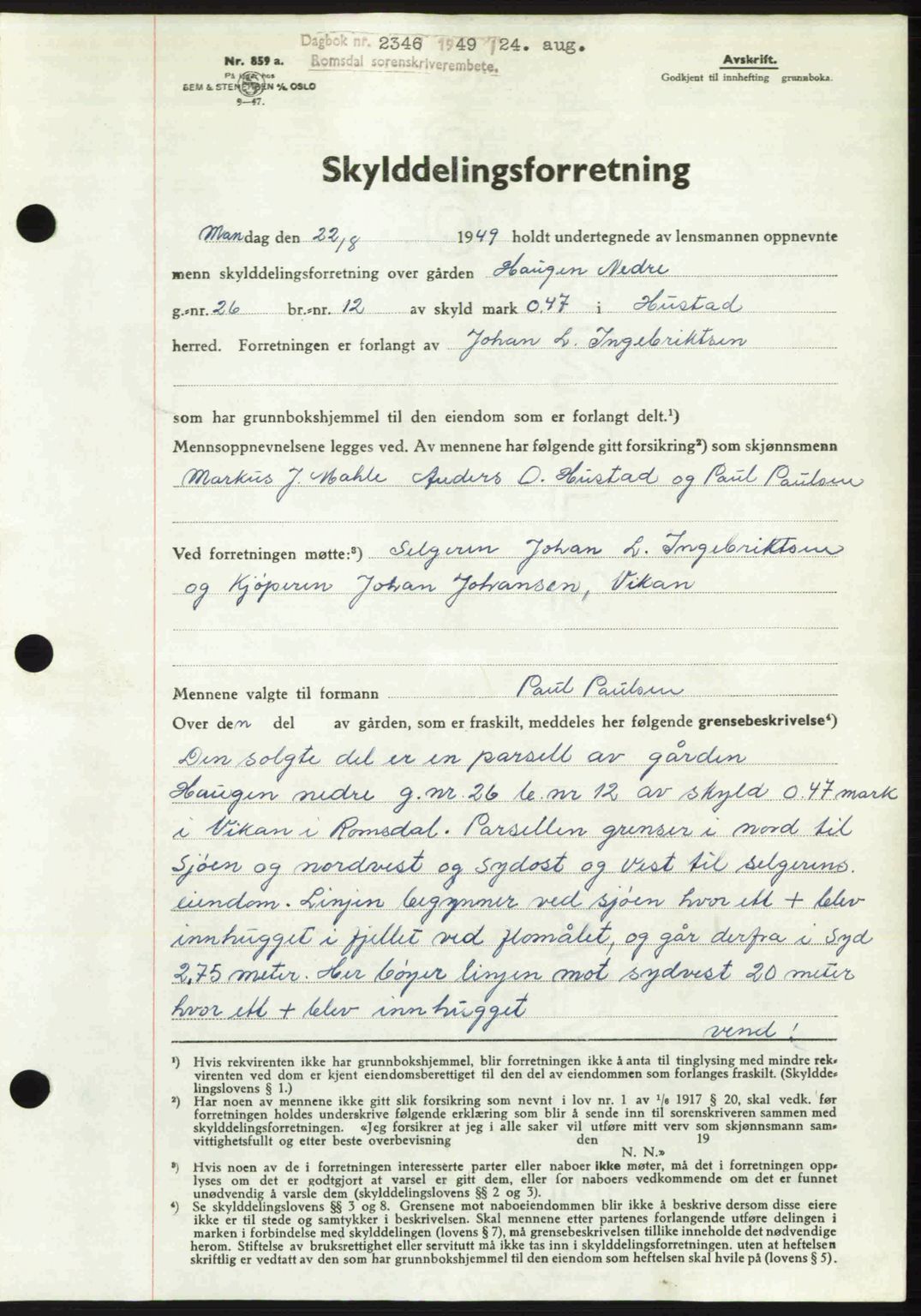 Romsdal sorenskriveri, SAT/A-4149/1/2/2C: Pantebok nr. A30, 1949-1949, Dagboknr: 2346/1949