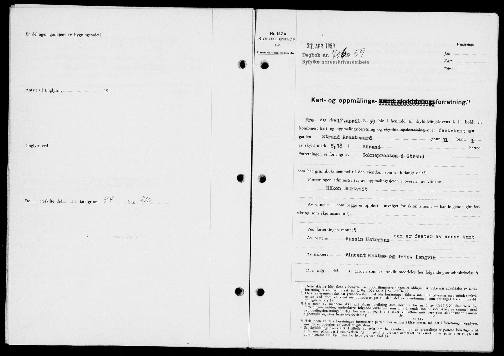 Ryfylke tingrett, SAST/A-100055/001/II/IIB/L0146: Pantebok nr. 125, 1965-1959, Dagboknr: 706/1959