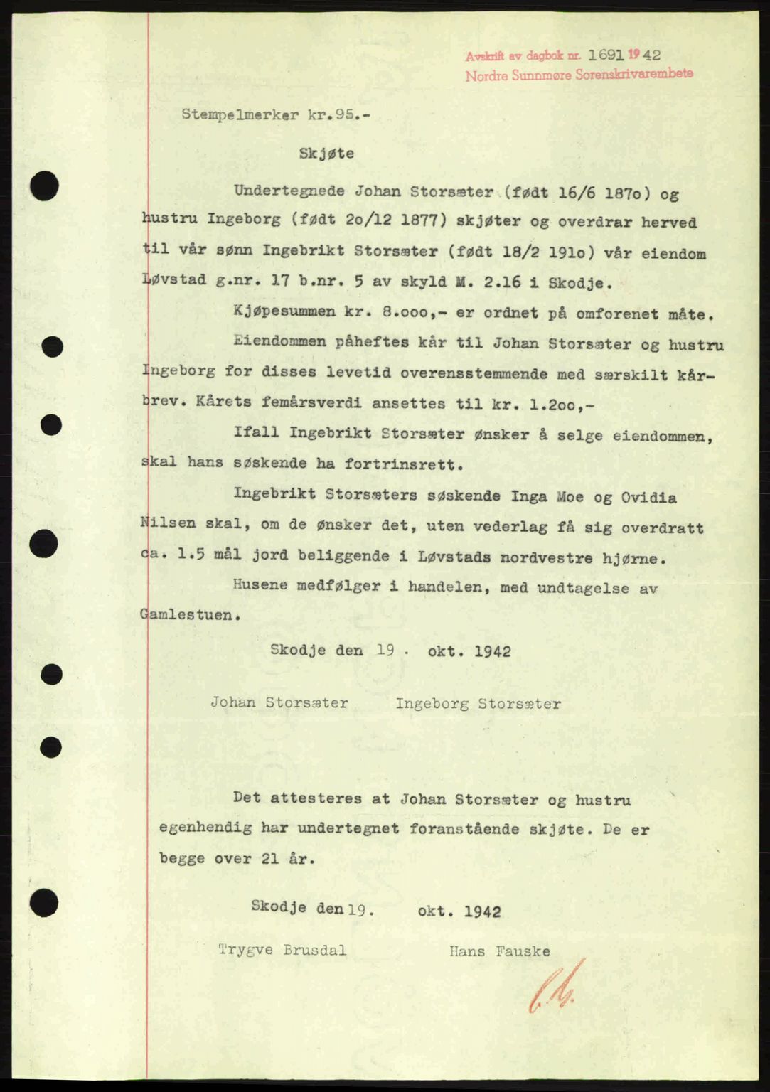 Nordre Sunnmøre sorenskriveri, SAT/A-0006/1/2/2C/2Ca: Pantebok nr. A14, 1942-1942, Dagboknr: 1691/1942