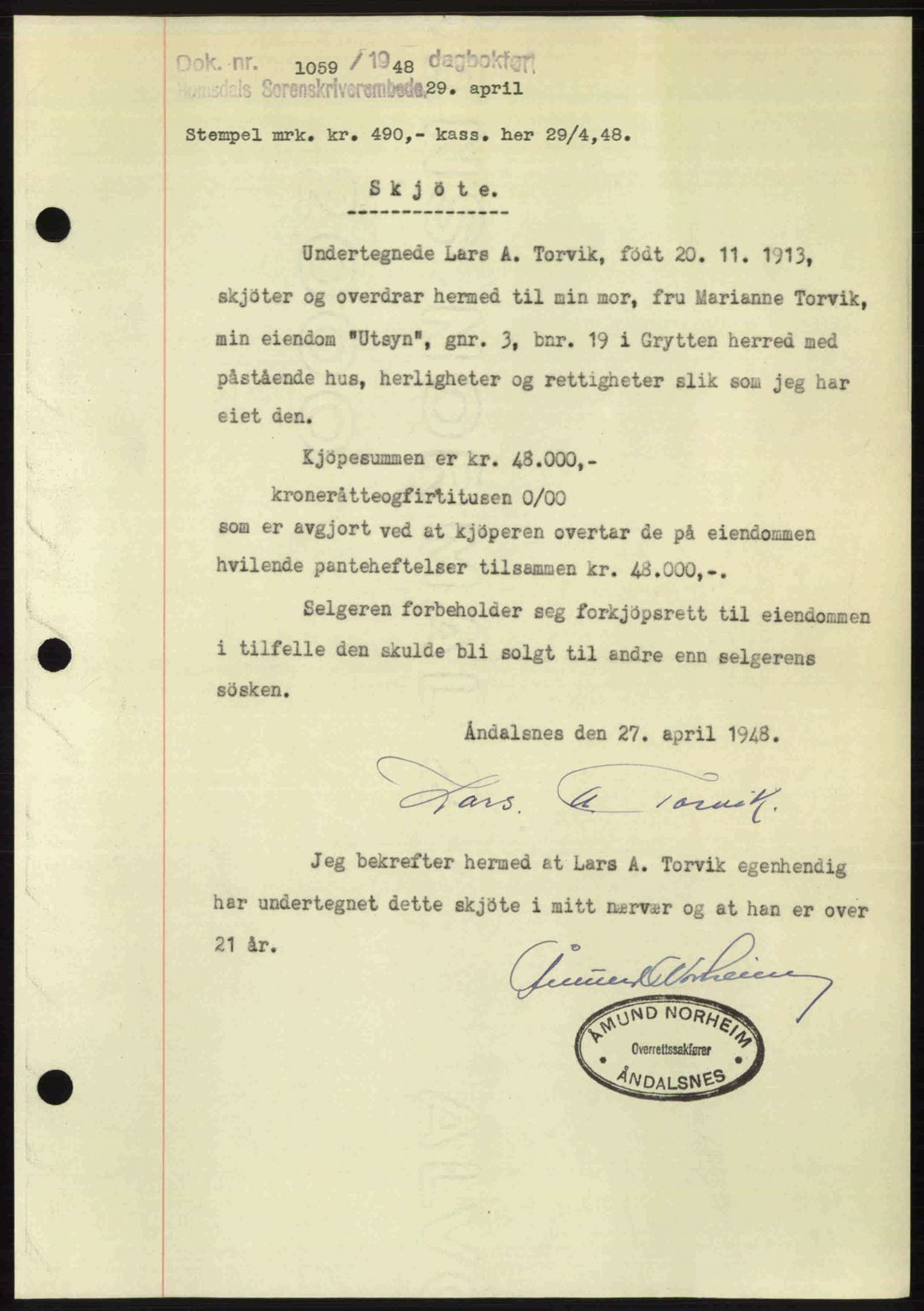 Romsdal sorenskriveri, SAT/A-4149/1/2/2C: Pantebok nr. A26, 1948-1948, Dagboknr: 1059/1948