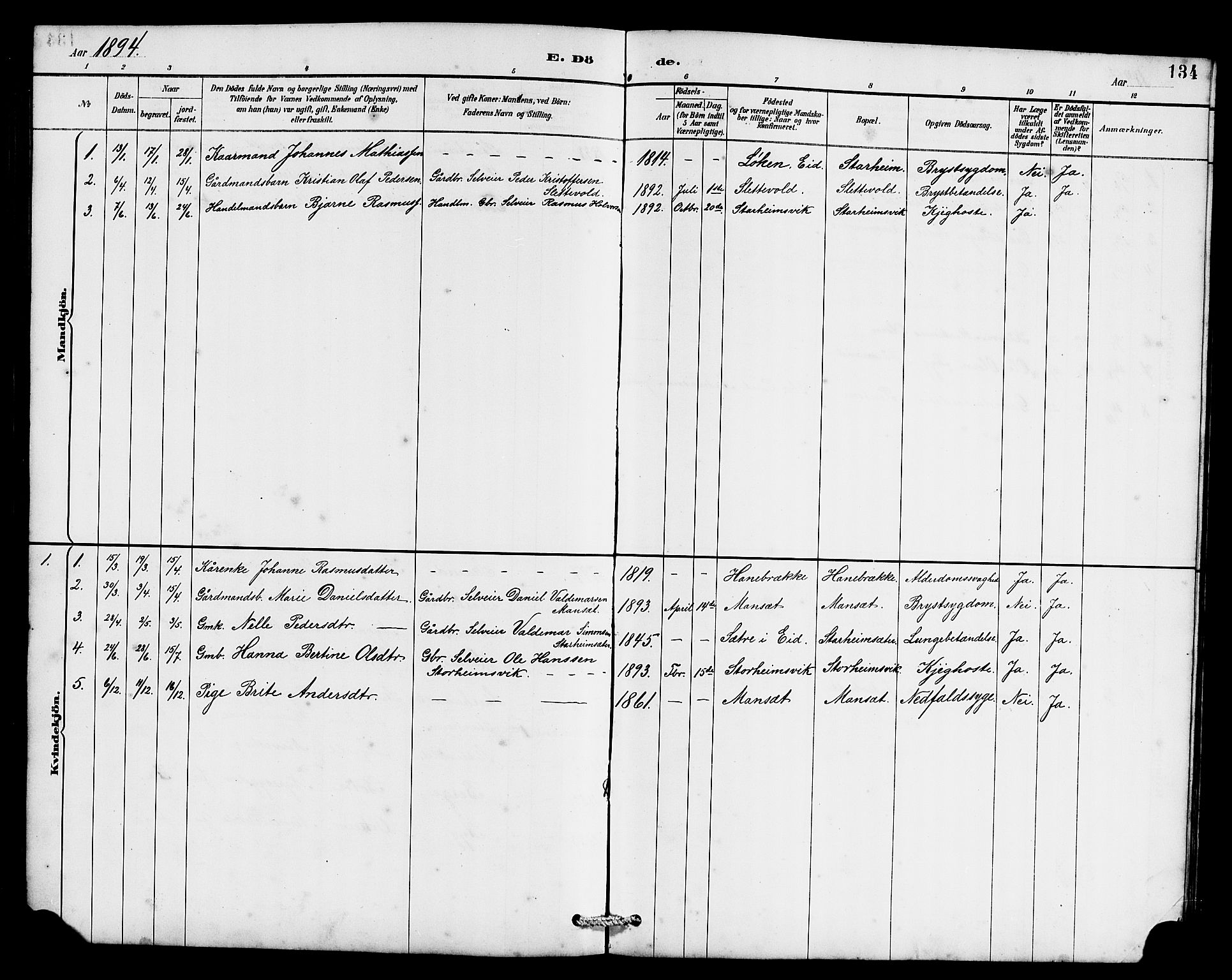 Eid sokneprestembete, AV/SAB-A-82301/H/Hab/Habc/L0002: Klokkerbok nr. C 2, 1887-1906, s. 134