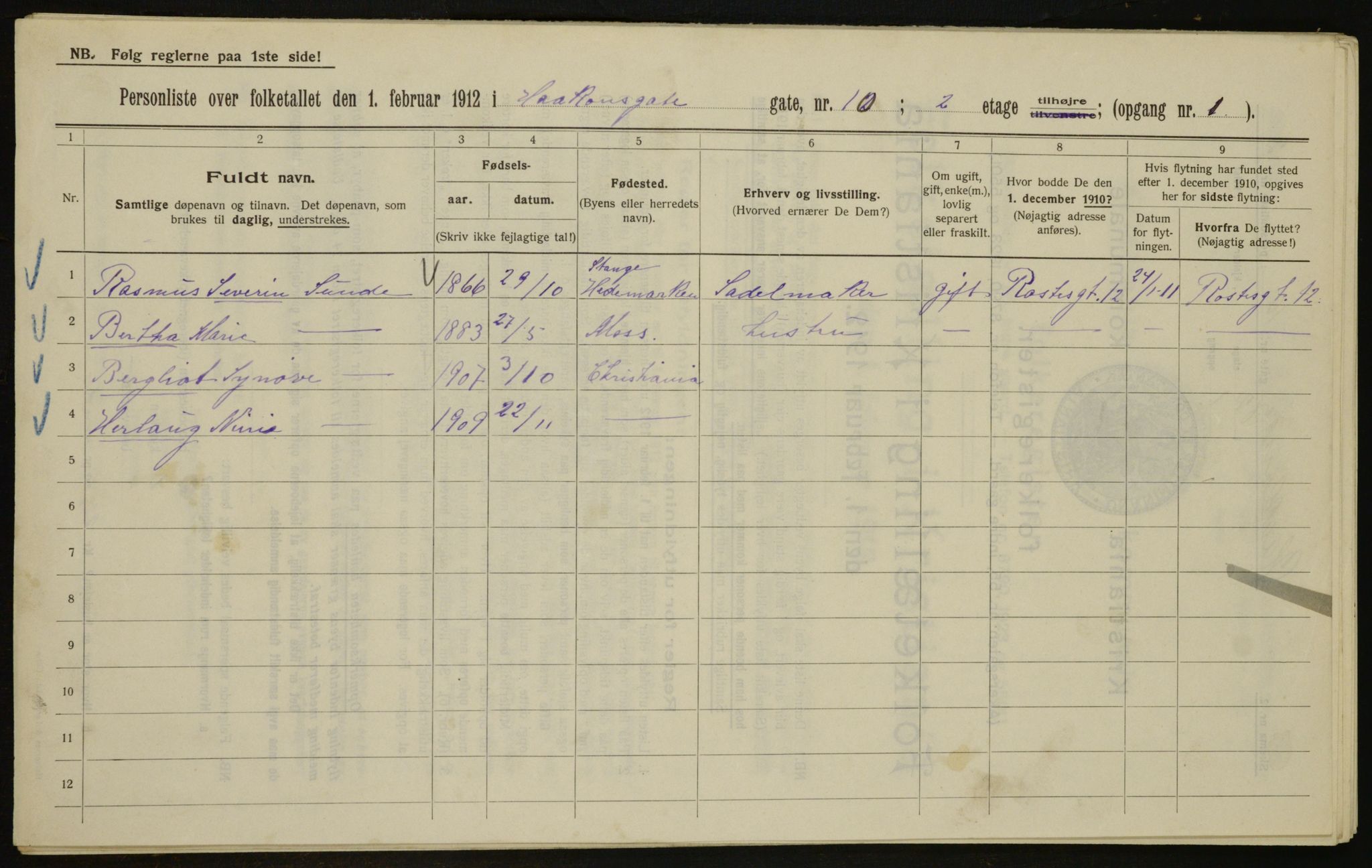 OBA, Kommunal folketelling 1.2.1912 for Kristiania, 1912, s. 43115