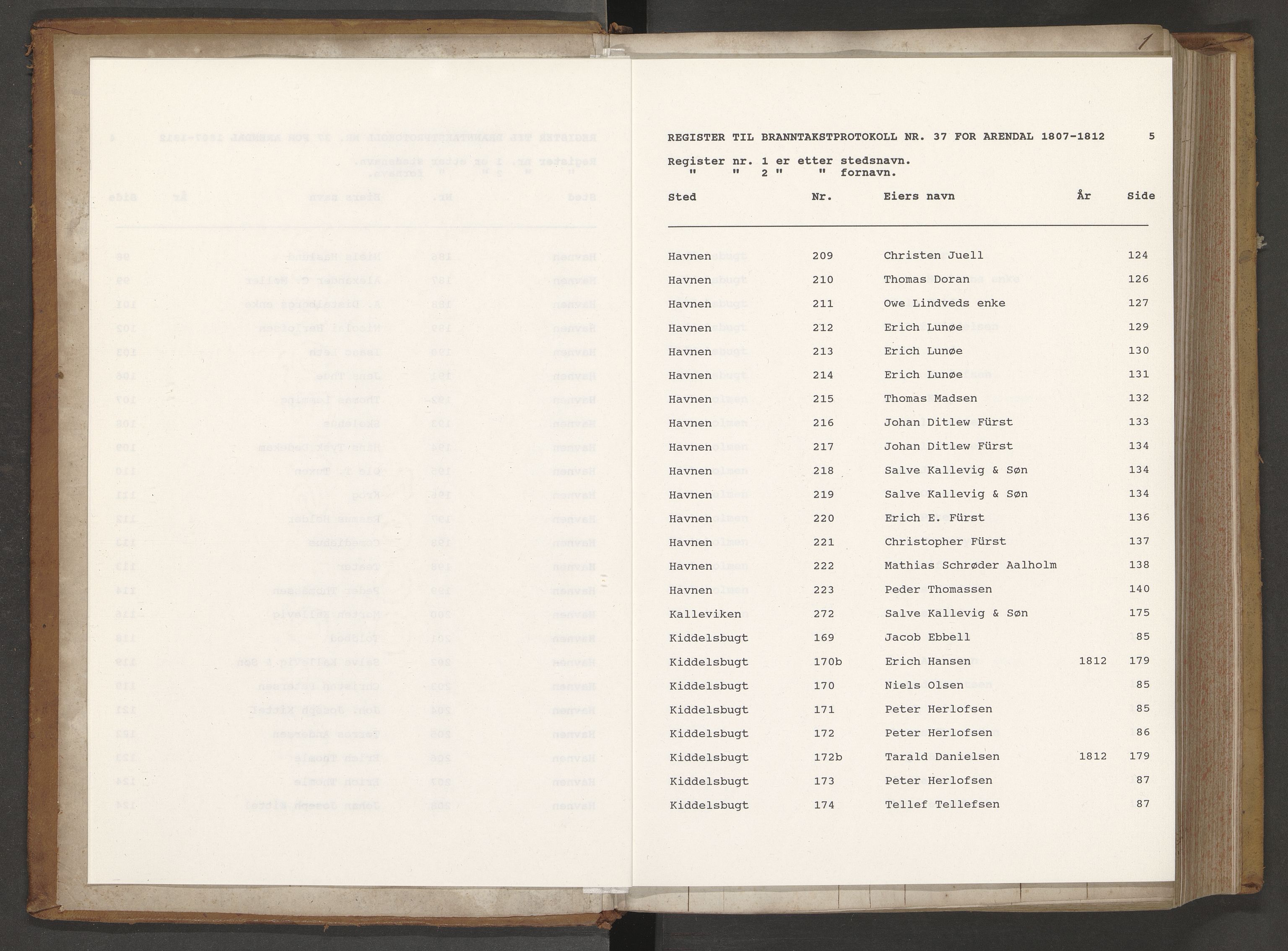 Norges Brannkasse Arendal, AV/SAK-2241-0002/F/Fa/L0039: Brannforsikringsprotokoll nr. 37 med steds- og fornavnsregister, 1807-1817