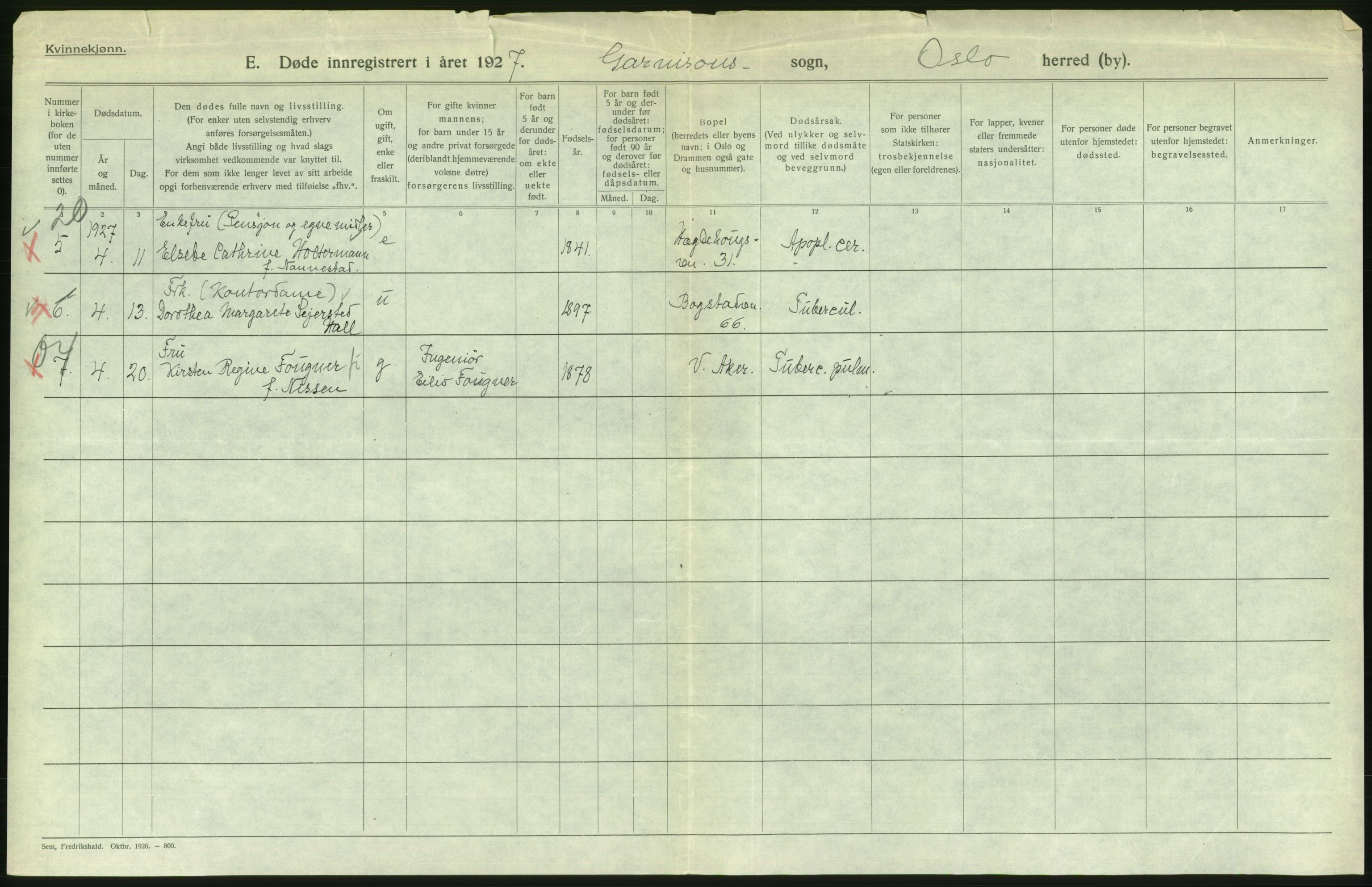 Statistisk sentralbyrå, Sosiodemografiske emner, Befolkning, AV/RA-S-2228/D/Df/Dfc/Dfcg/L0010: Oslo: Døde kvinner, dødfødte, 1927, s. 572