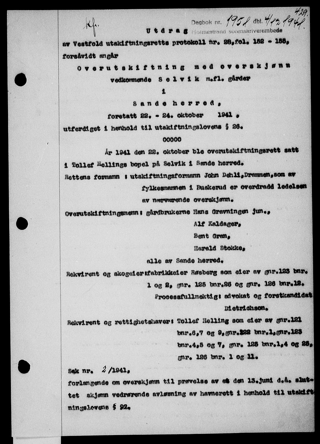 Holmestrand sorenskriveri, SAKO/A-67/G/Ga/Gaa/L0054: Pantebok nr. A-54, 1941-1942, Dagboknr: 1951/1941