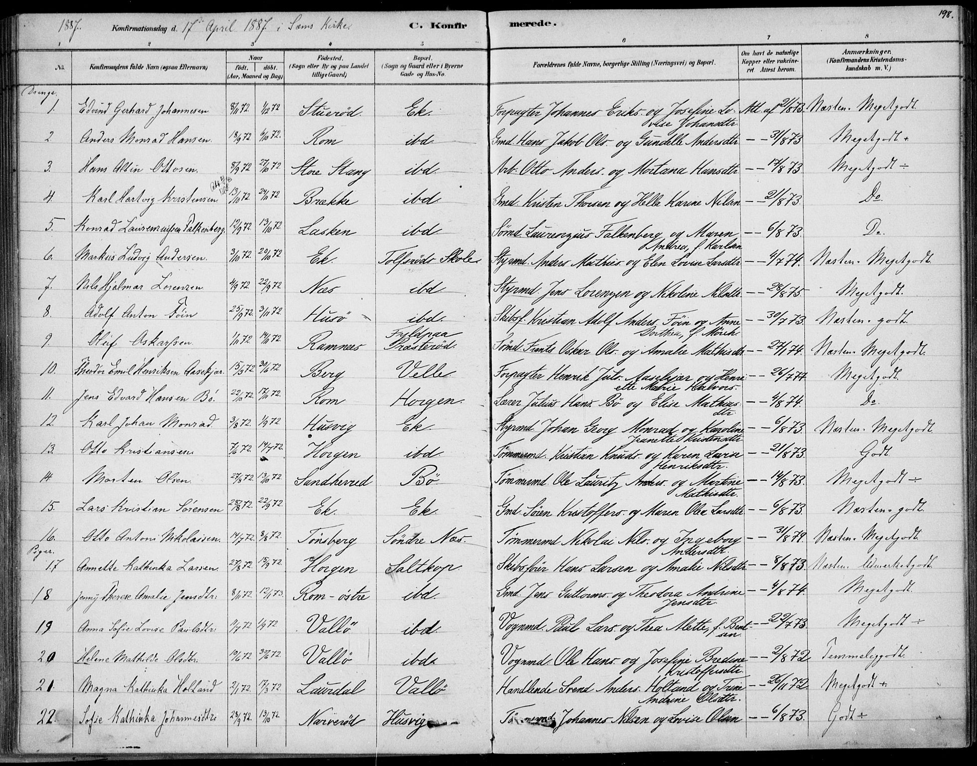 Sem kirkebøker, AV/SAKO-A-5/F/Fb/L0004: Ministerialbok nr. II 4, 1878-1891, s. 198