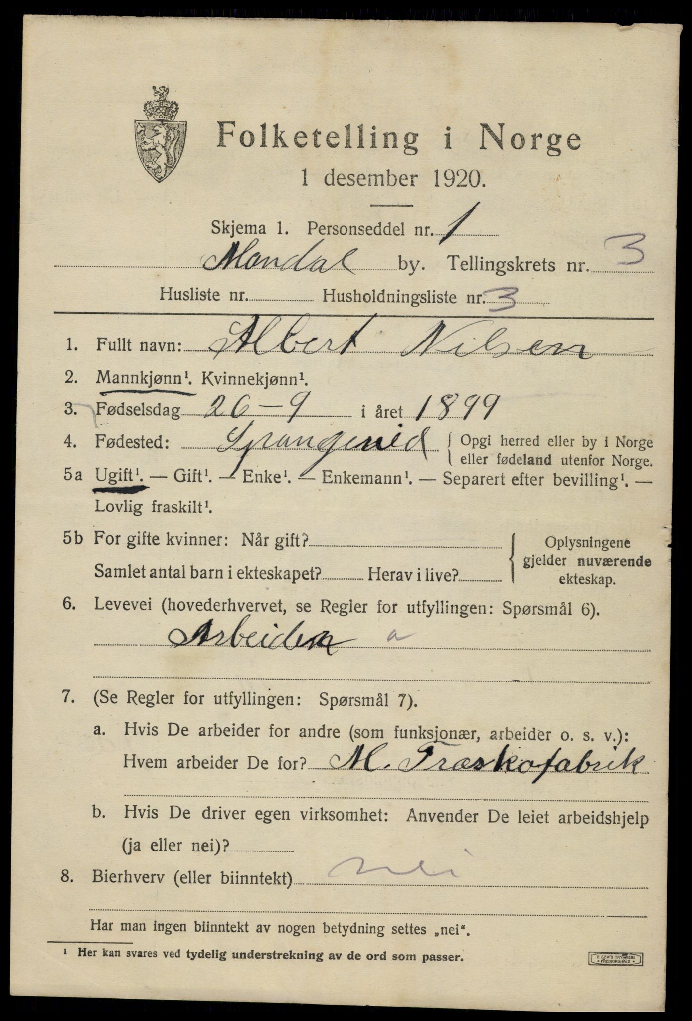 SAK, Folketelling 1920 for 1002 Mandal ladested, 1920, s. 6837