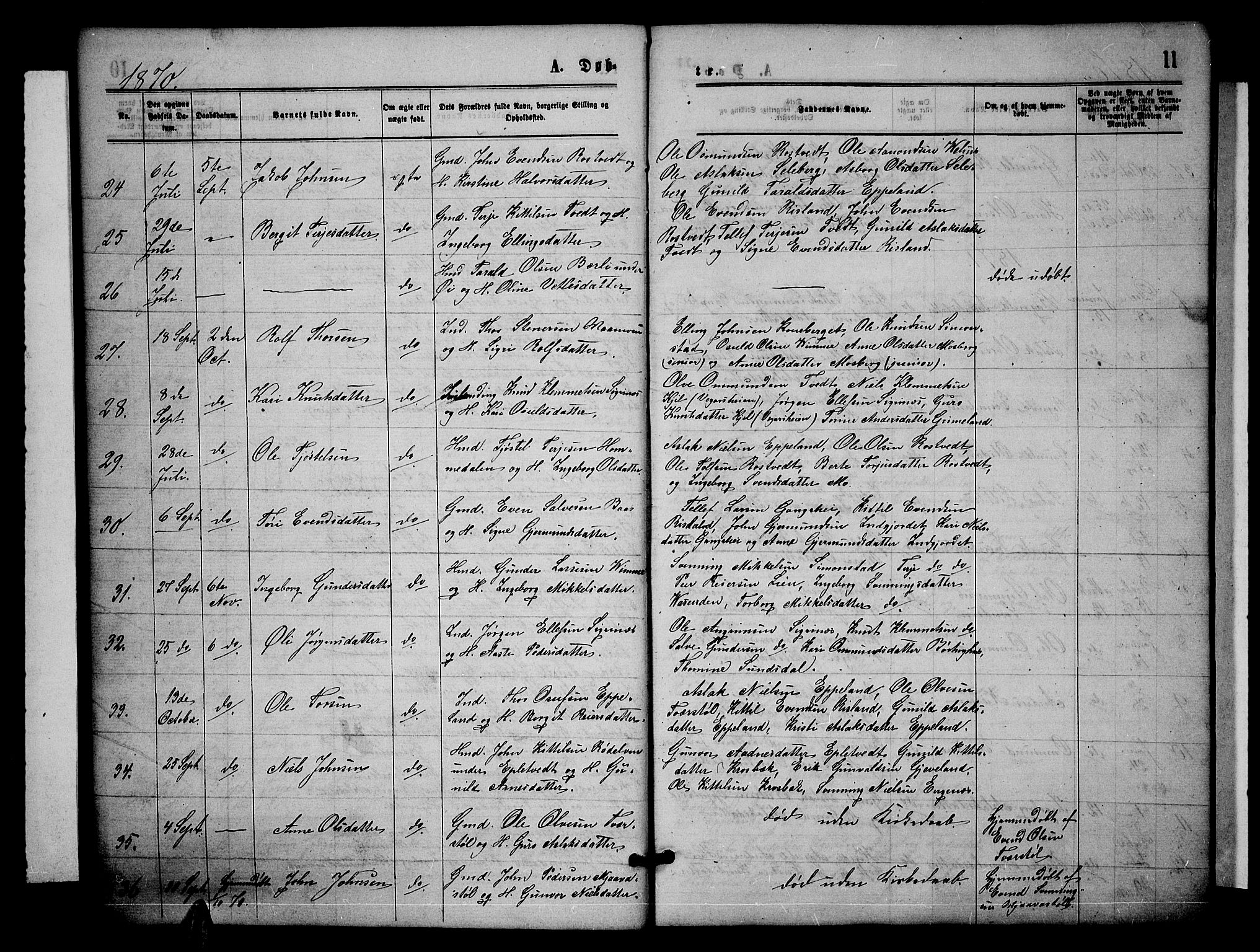 Åmli sokneprestkontor, AV/SAK-1111-0050/F/Fb/Fbc/L0003: Klokkerbok nr. B 3, 1868-1888, s. 11